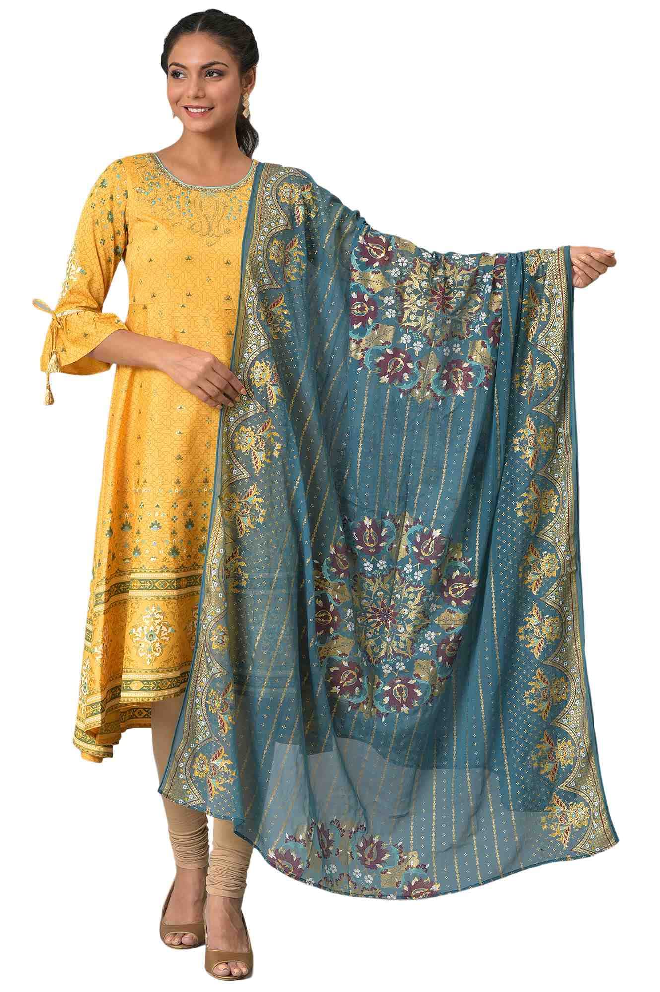 Get Yourself This Opulent Gold Foil Printed Chiffon Dupatta, With A Scallop Border For Outline And Running Stripes Through Entir