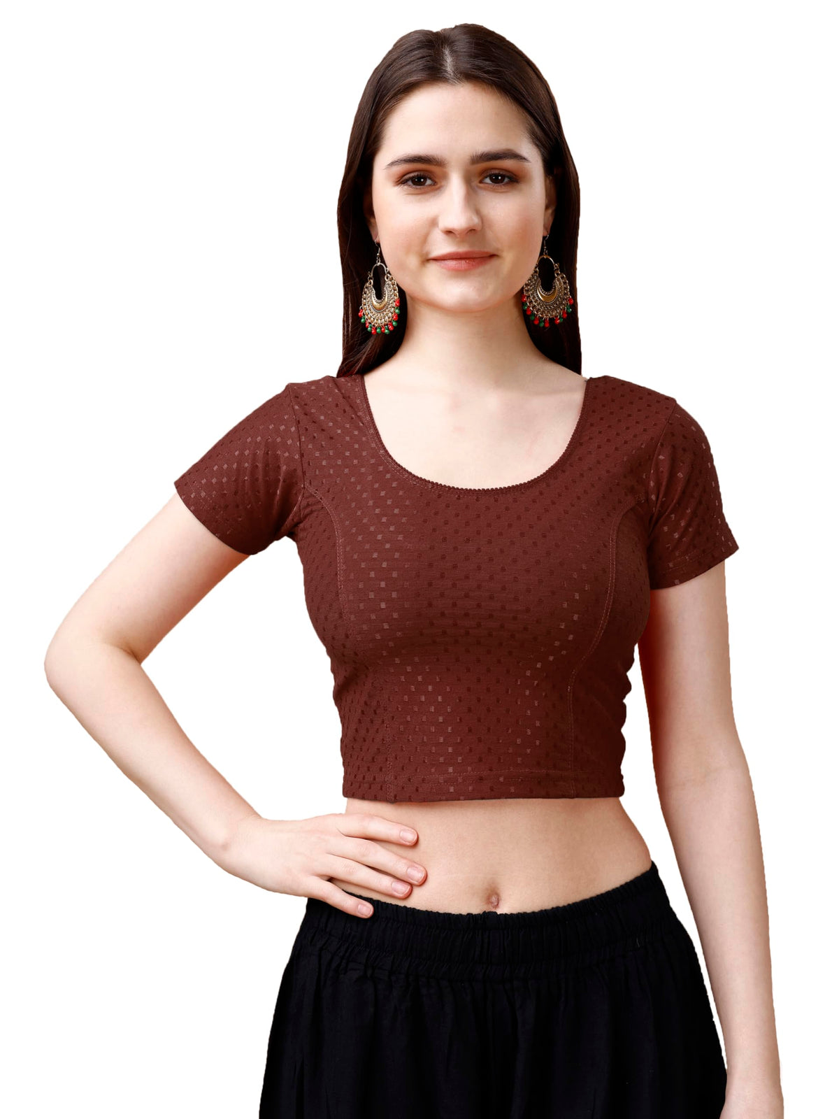 Pujia Mills Womens Readymade Dobby Cotton Lycra Stretchable Round Neck Short Sleeve Blouse Fancy Brown Color Lycra Stretchable