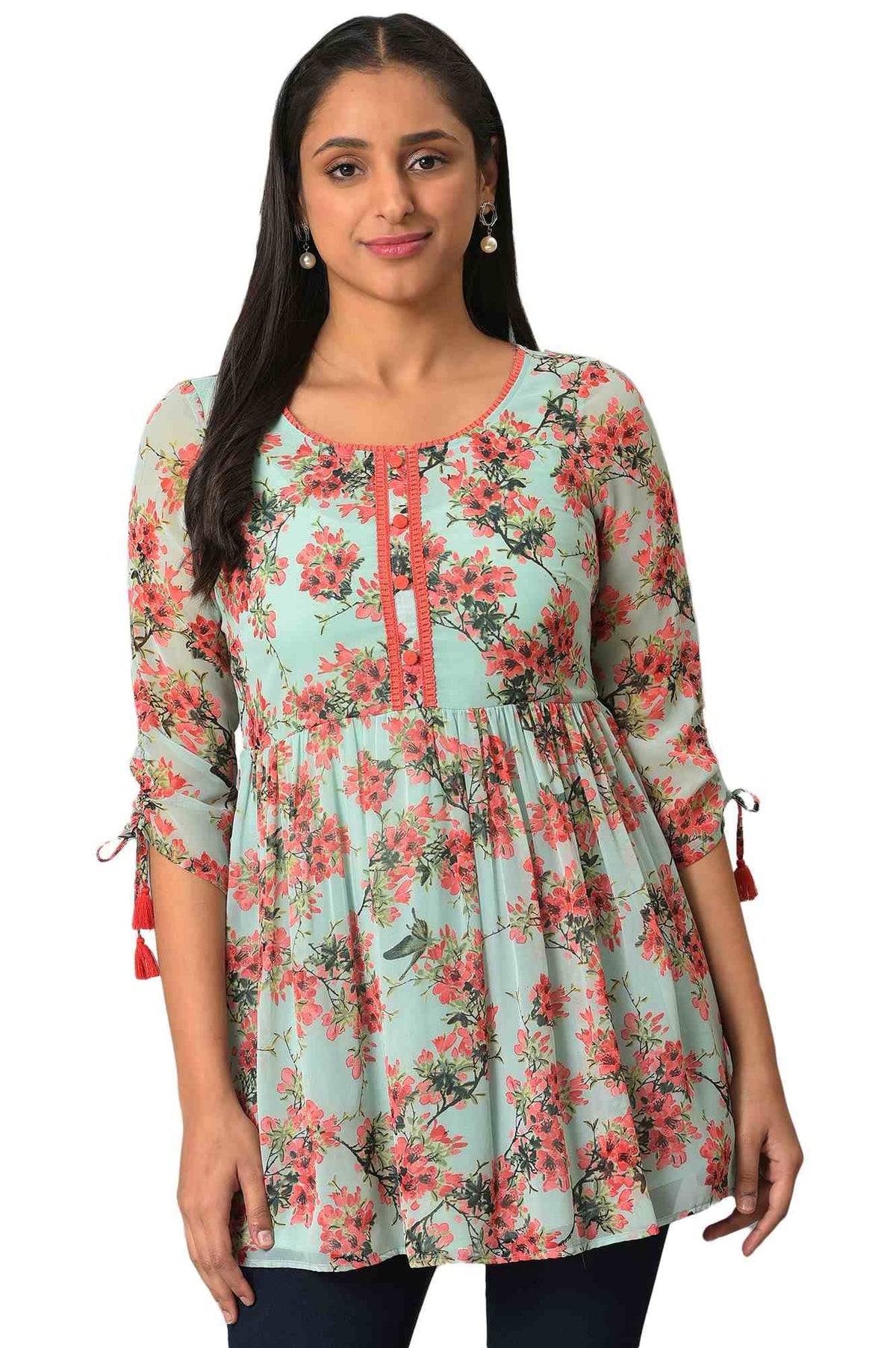 Aurelia Floral Printed Printed Synthetic Regular Green Kurti For Women