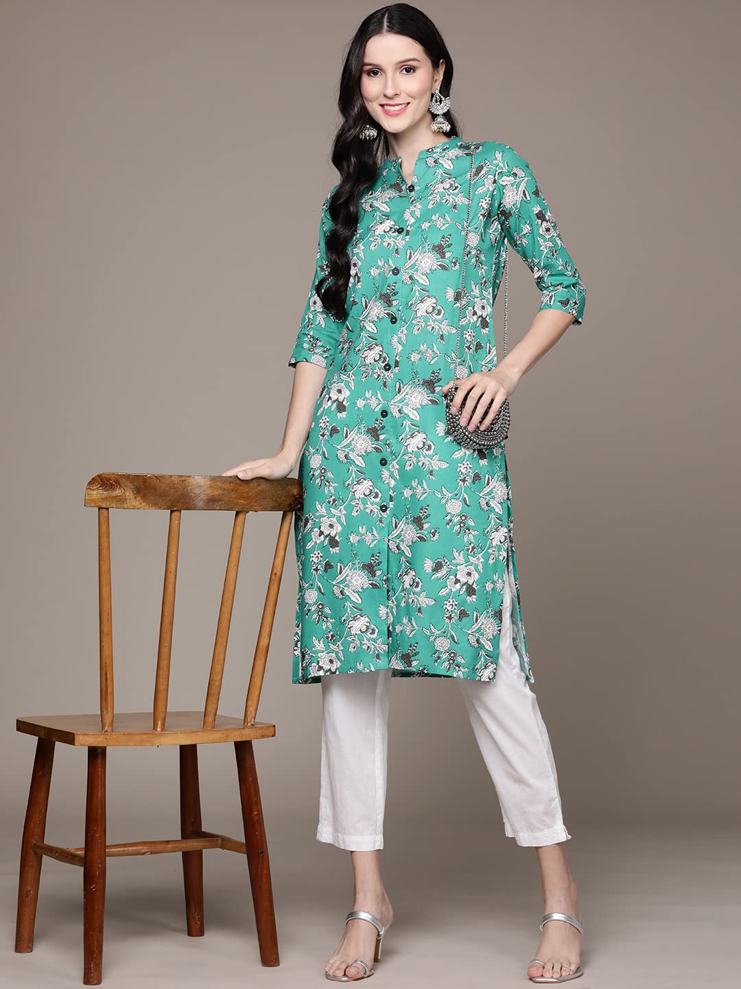 anubhutee Women's Cotton Sea Green Floral Printed Straight Kurta