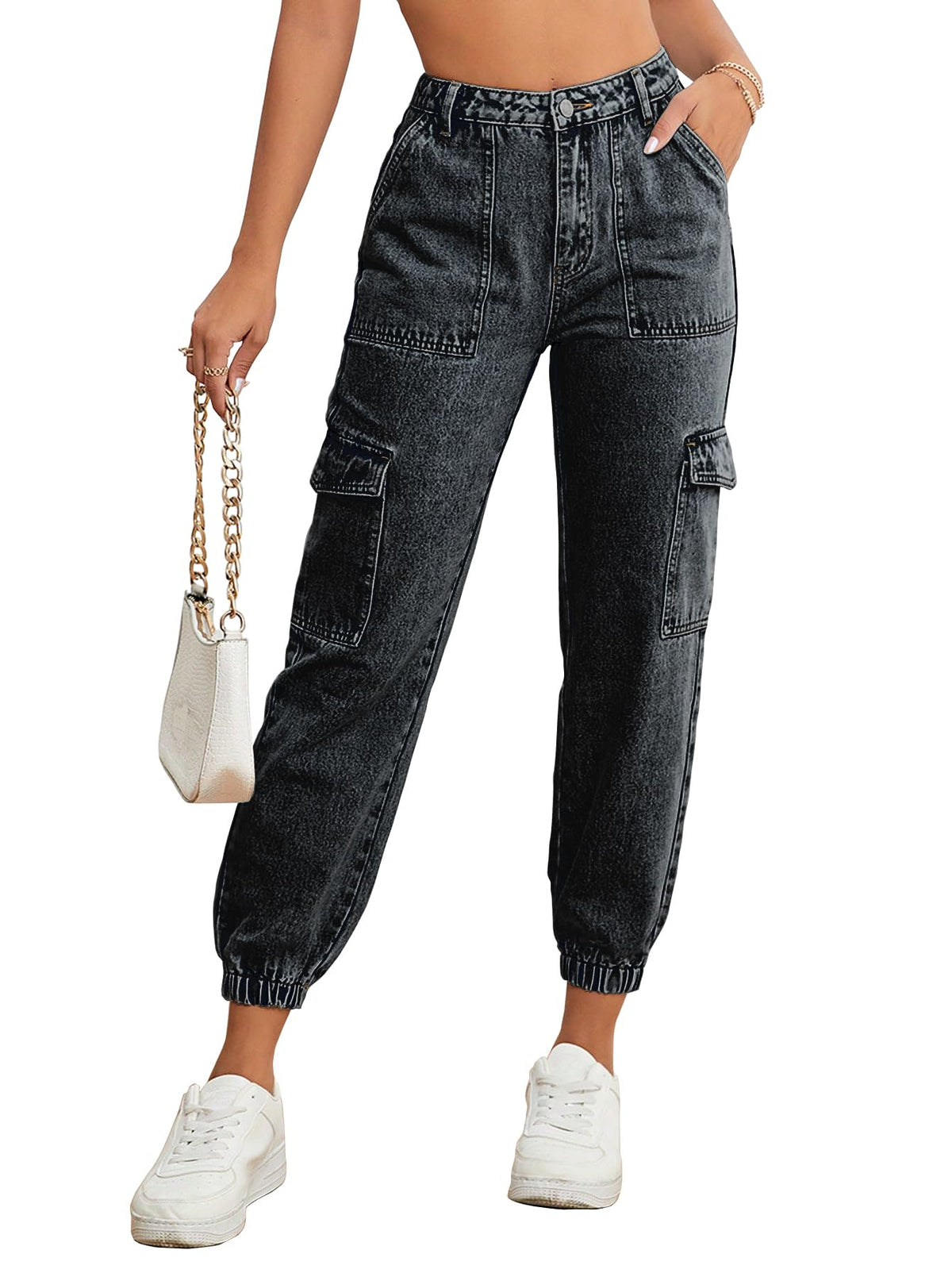 AVANOVA Black Womens Mid Rise Cotton Ankle Length Jeans For Women Jeans II Denim Cotton Jeans Pant for Women II Cargo Denim Pan