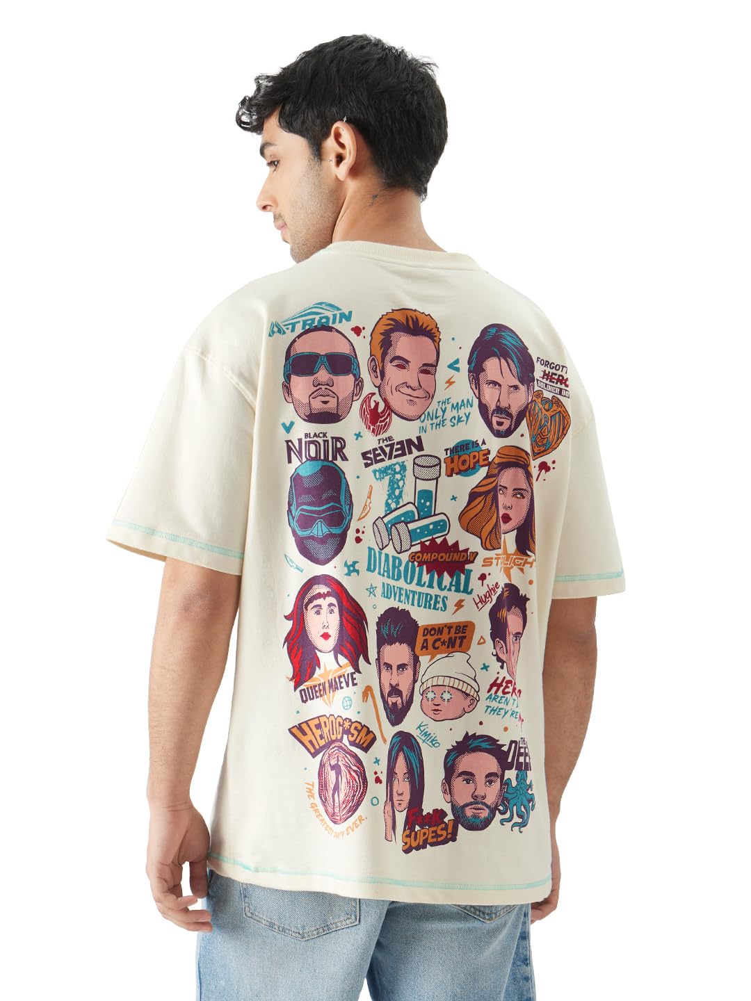 The Souled Store Official The Boys: Doodle Men and Boys Round Neck Short Sleeve White Graphic Print Cotton Oversized Fit T-Shirt