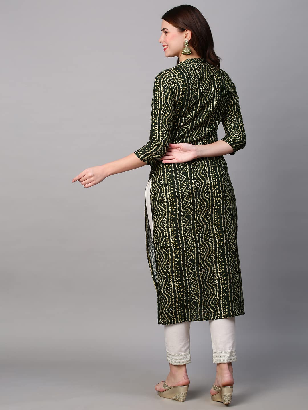 GoSriKi Women's Pure Cotton Rayon Bandhani Printed with Embroidered Straight Kurta (Rugari)