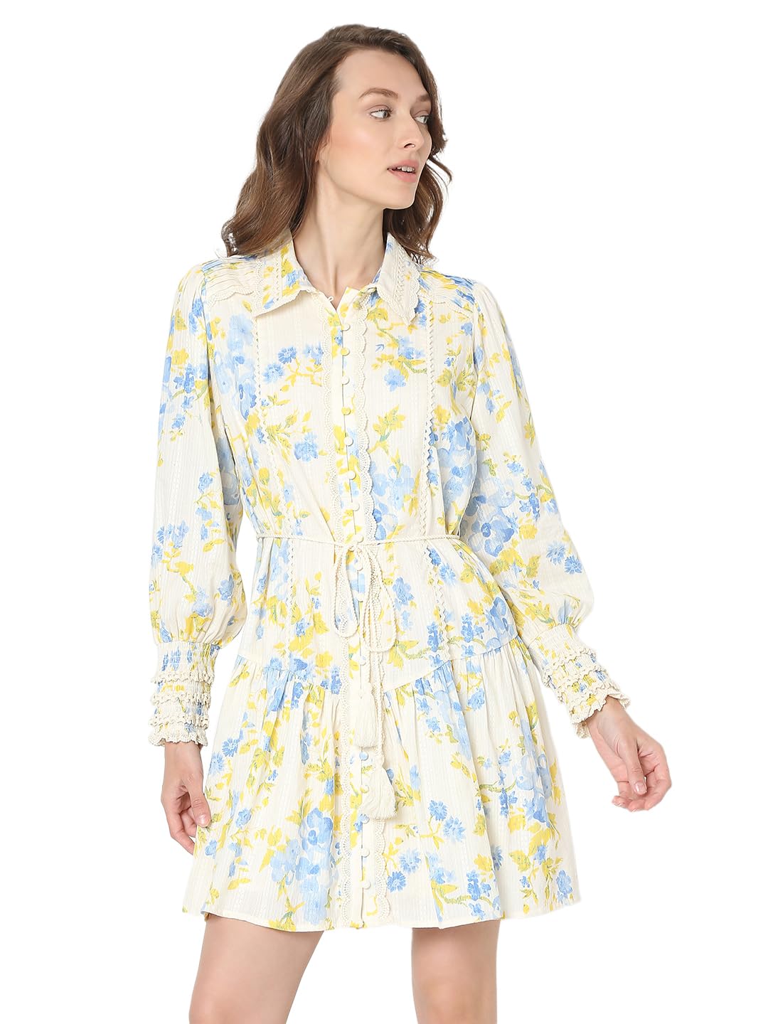 Vero Moda Women Floral Print Blue Cotton Above Knee Length Fit & Flare Dress