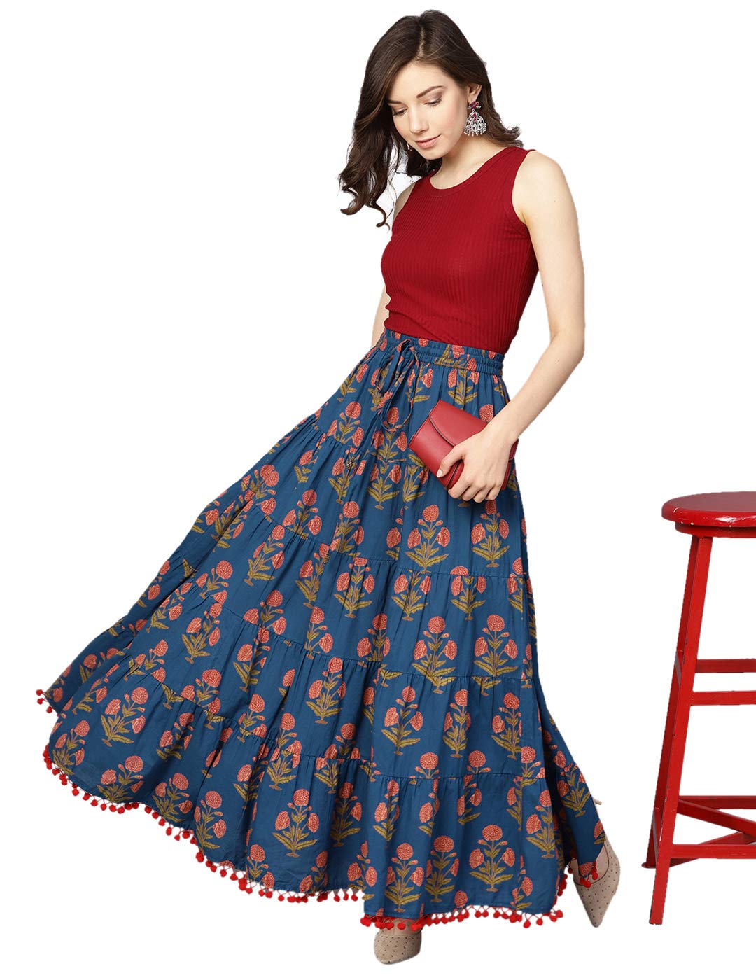 Varanga Blue Floral Printed Tiered Skirt with Drawstring and Tassels at Waist Band with pom-pom lace at Hemline