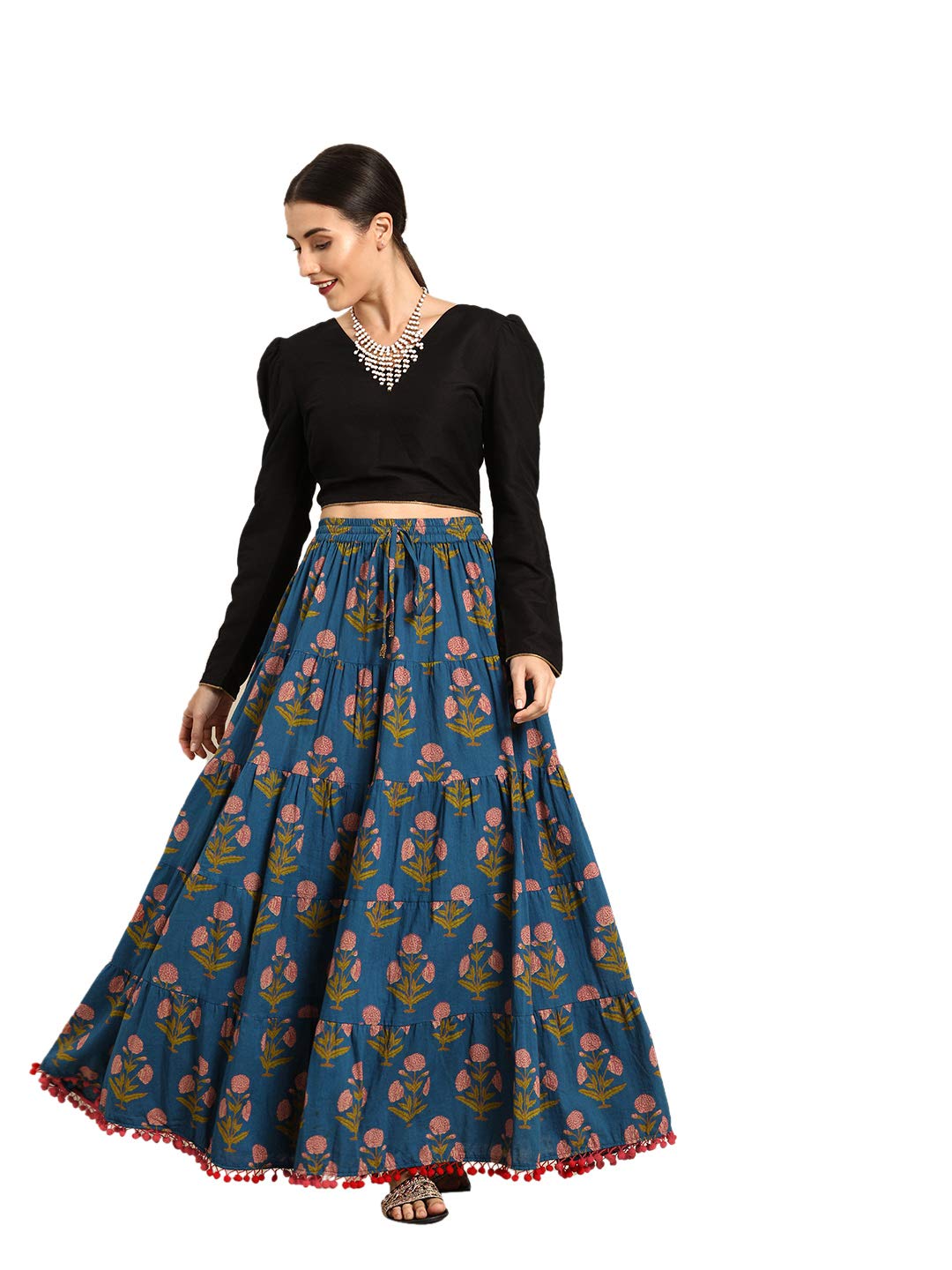 Varanga Blue & Red Printed Tiered Skirt with Pom Pom Detailing