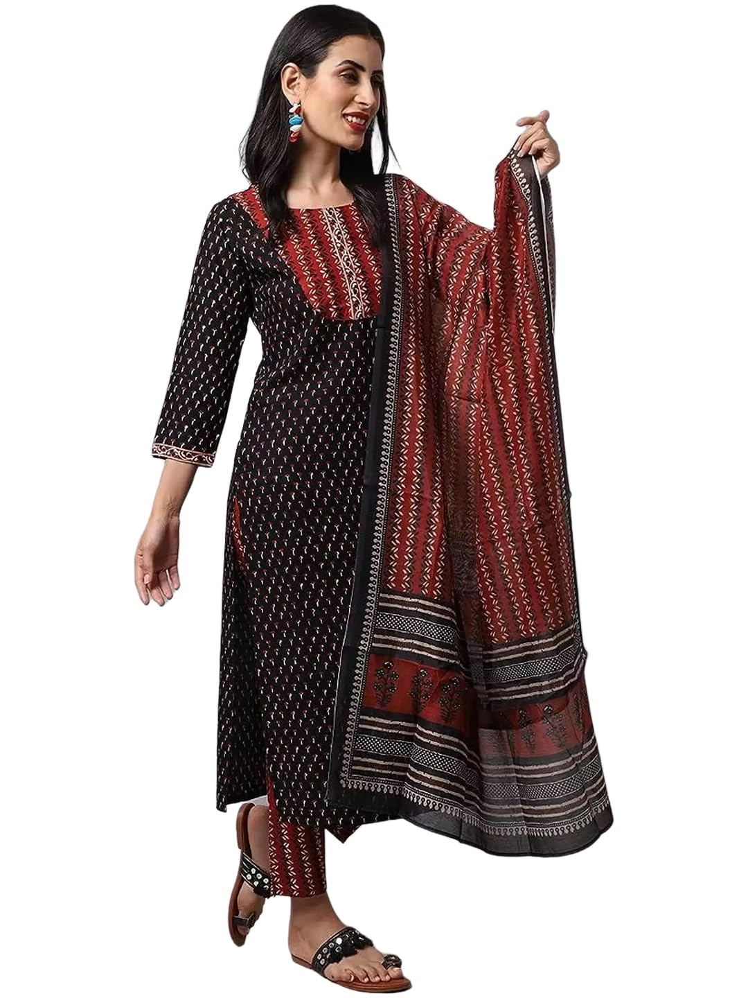 Tee Projekt WomenS Cotton Blend Straight Kurta Pant With Dupatta Set Ll Round Neck Kurta Ll Kurta Set For Women Black