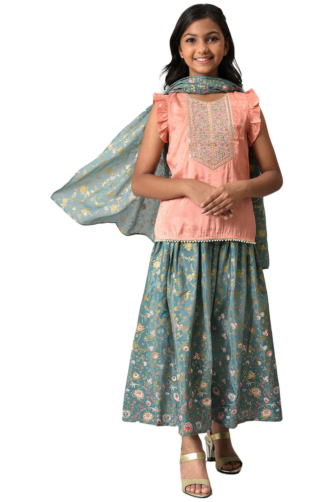 Aurelia Girl's Viscose Kurta-Flared Skirt-Dupatta (22AUG10208B-604496_Pink