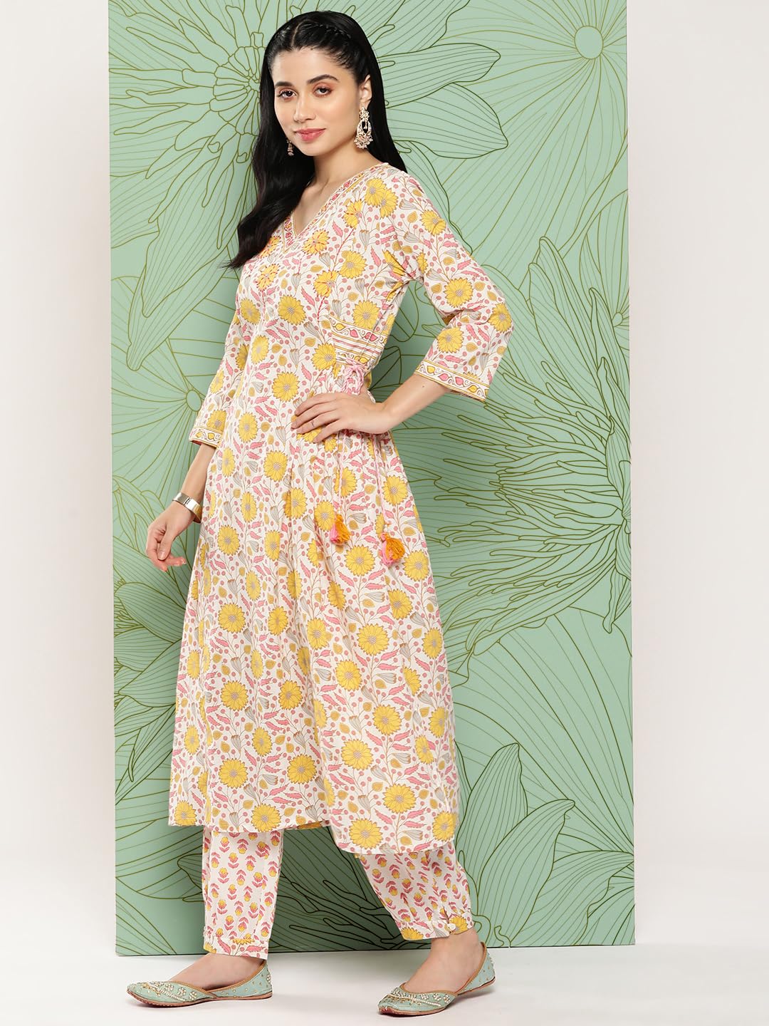 ishin Women's Pure Cotton Printed Yellow A-Line Kurta Suit Set with Pants