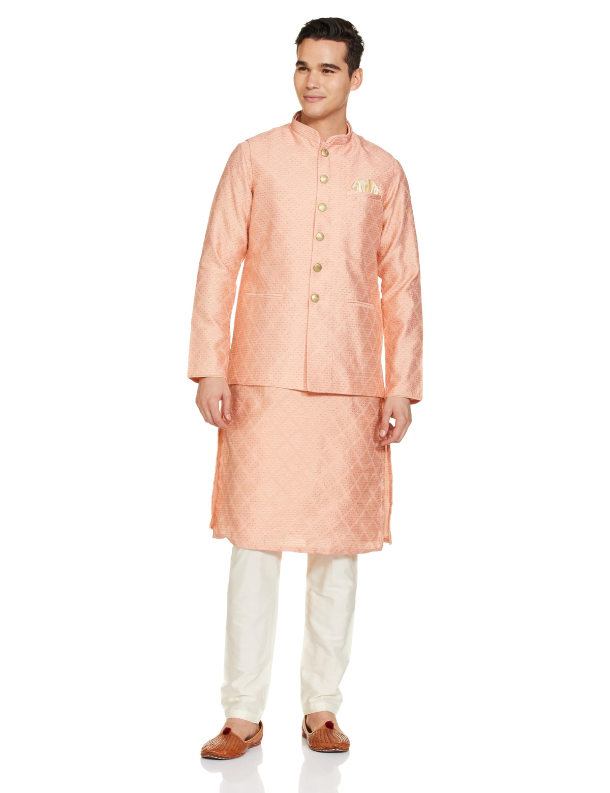 Manyavar Peach Art Silk Self Design Celebration Kurta Jacket Set With Mandarin Collar