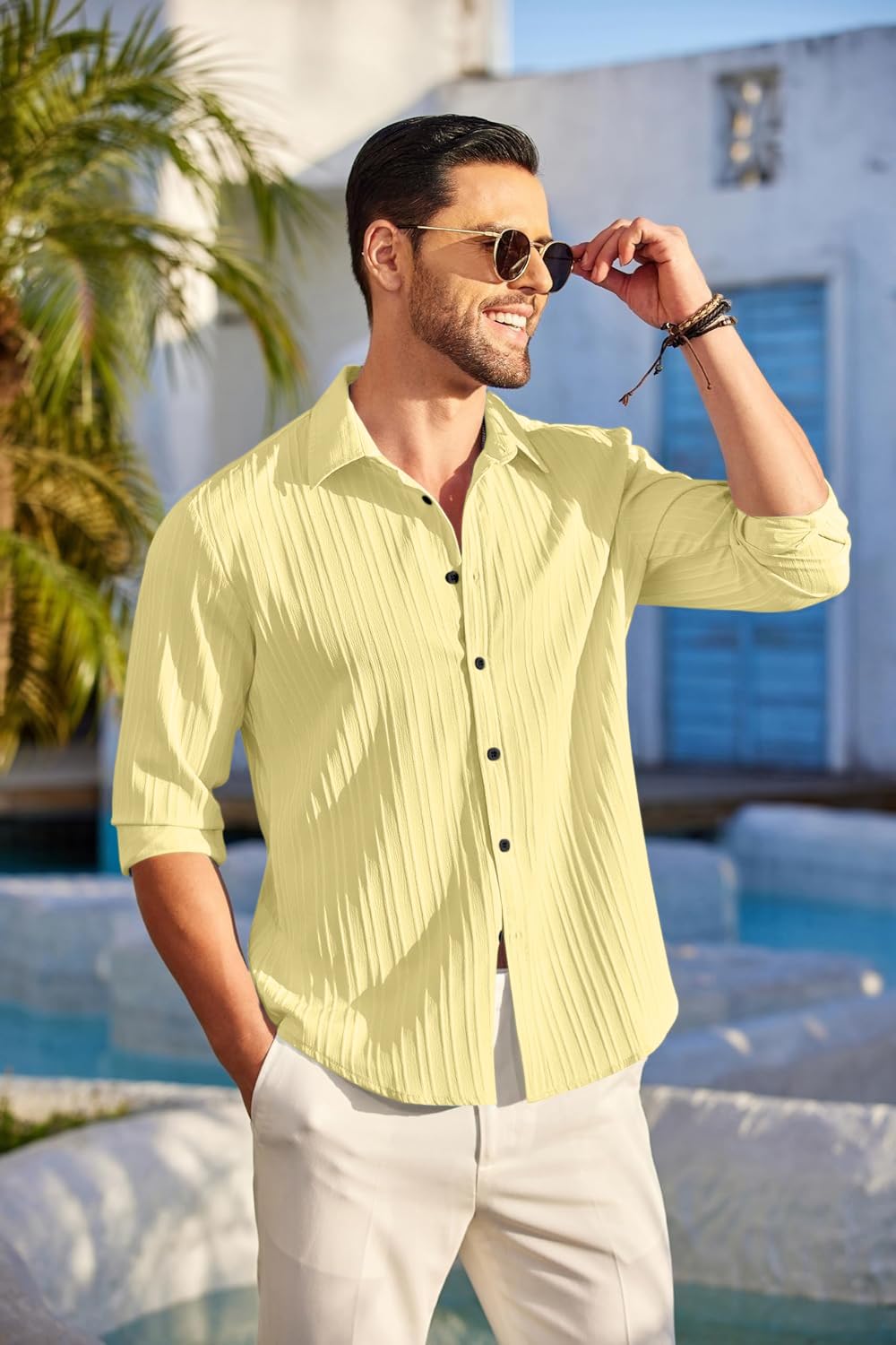 Finivo Fashion MenS Casual Cotton Plain Button Down Shirt Long Sleeve Textured Summer Beach Shirt For Men Yellow