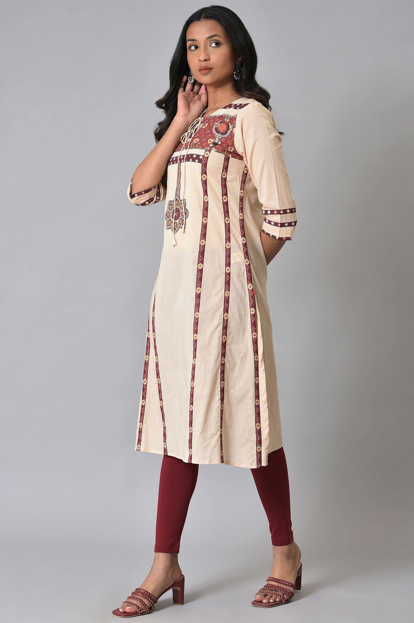 W Gold Khadi Floral Printed Straight Long Cotton Kurta For Women
