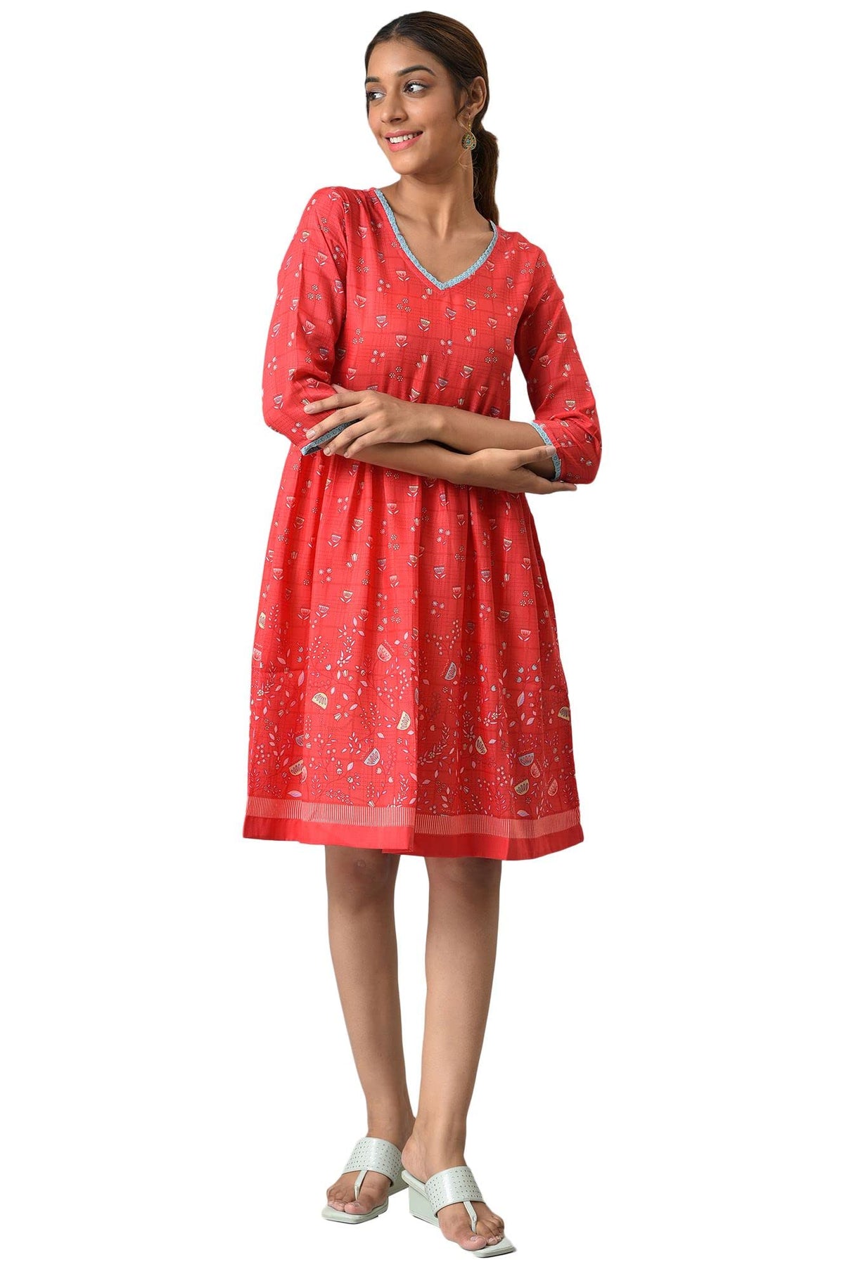 Aurelia WomenS Polyester Fit And Flare Knee-Length Casual Dress (22Ona13070-505325_Red