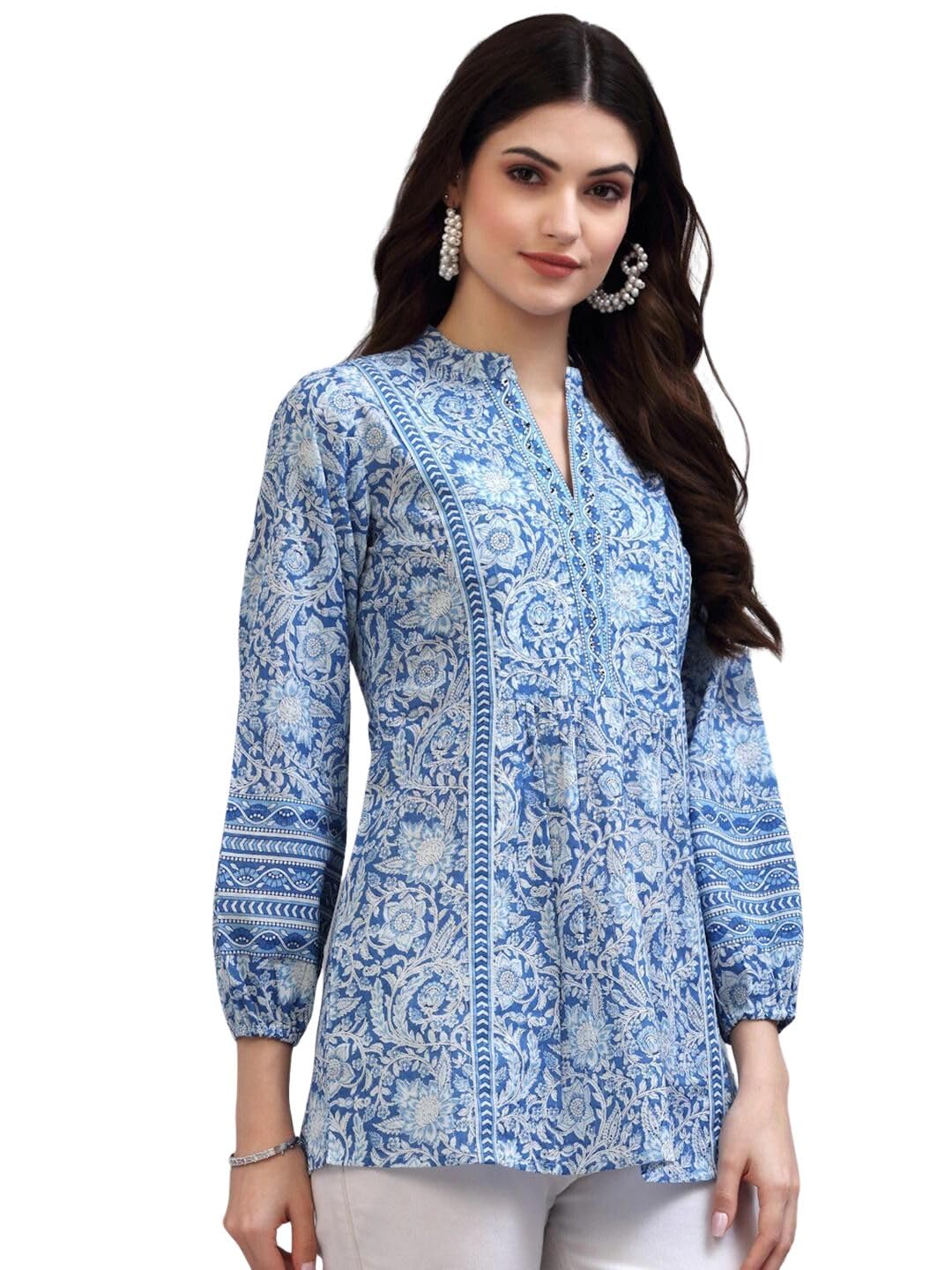 rytras Womens Floral Printed Rayon Top(Blue,X-Small)
