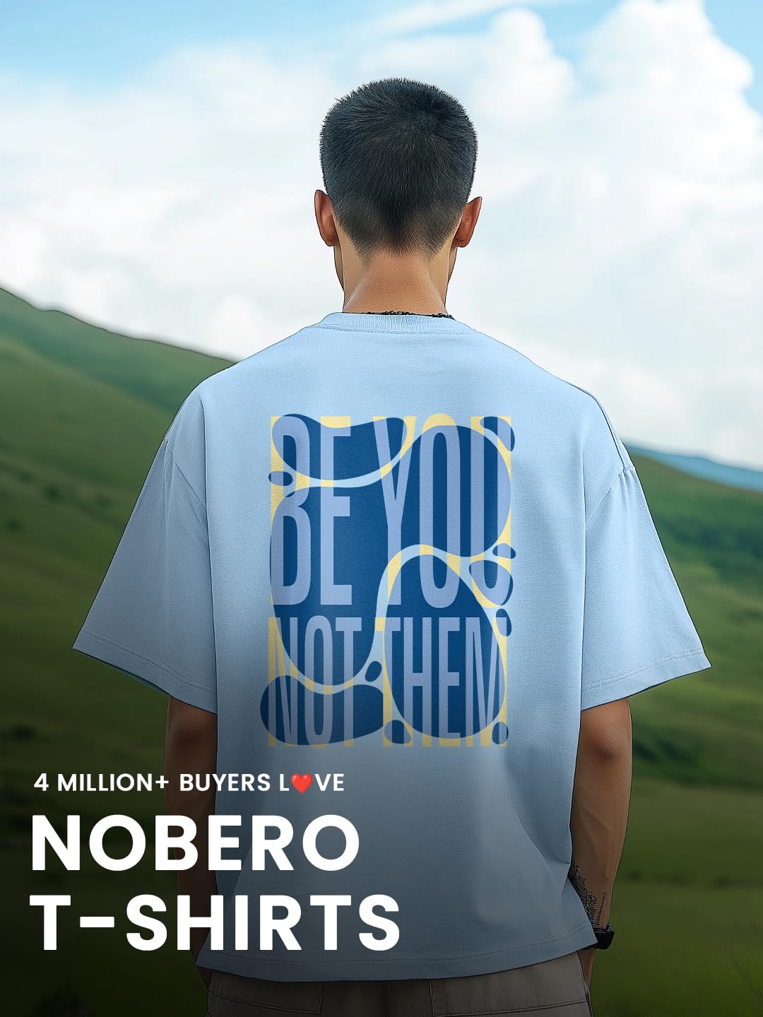 Nobero MenS Typography Oversized Fit T-Shirt (1M-Twrt-C1005-Bs_Be You-Powder Blue