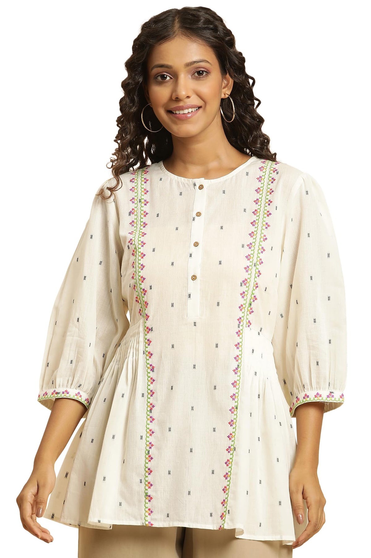 W Off White Embroidered Cotton Tunic Top for Women