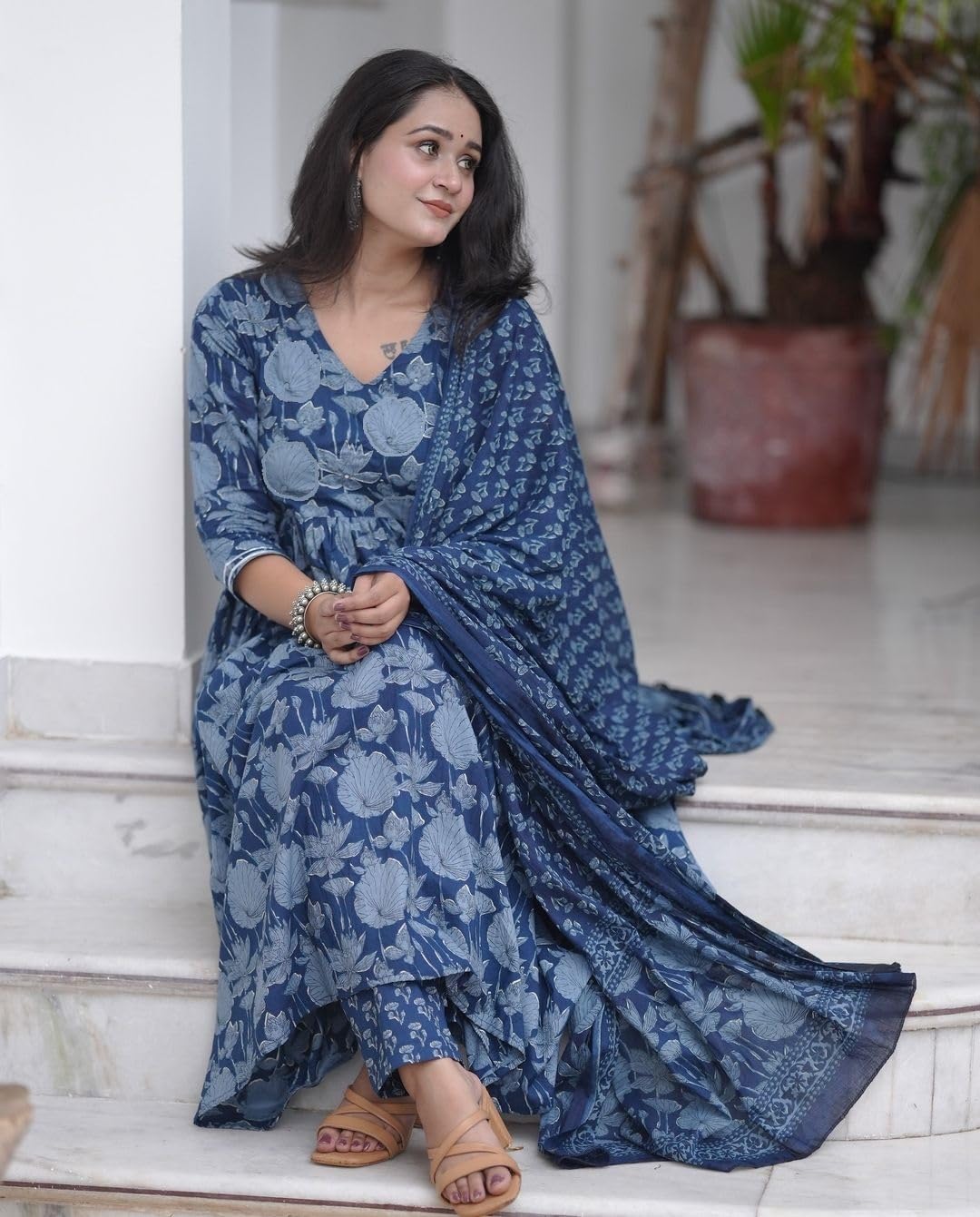 Nermosa Women'S Cotton Blend Printed Flared Anarkali Kurta With Pant And Dupatta Suit Set | Kurta Set | Wedding Suit | Festive S