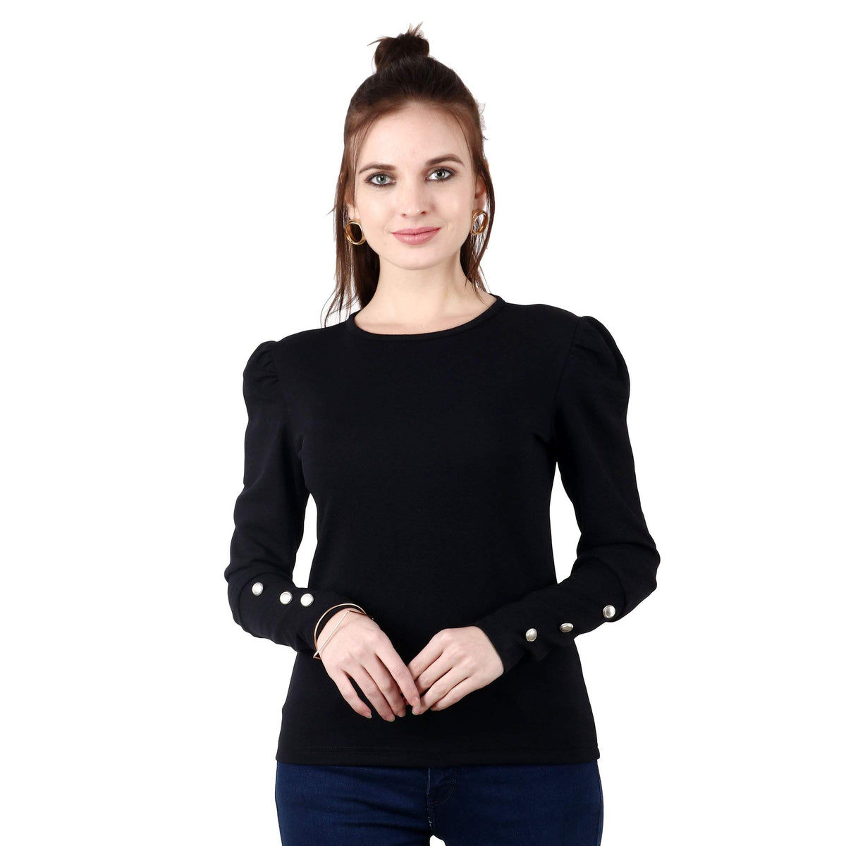 POPWINGS Casual Solid Puff Button Long Sleeves Slim Fit Tops for Women || Summer Round Neck and Stylish Western Black Top for Wo