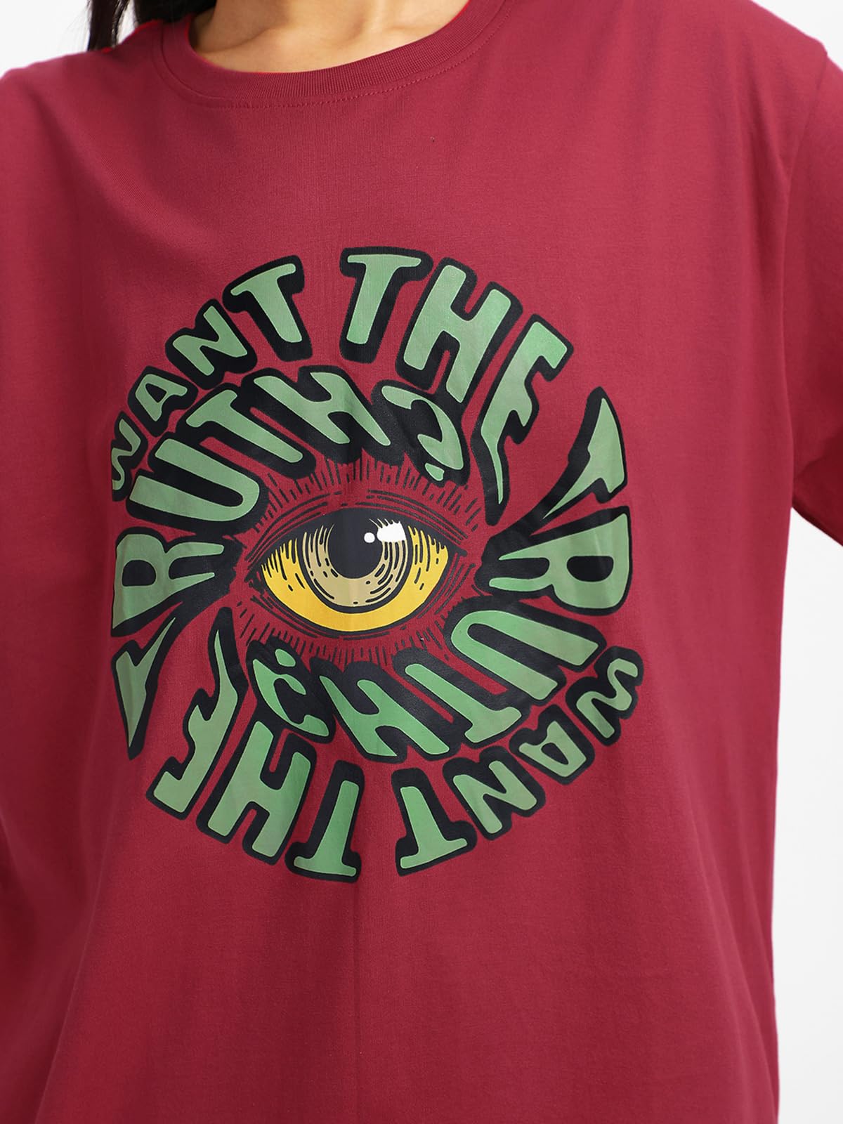 Juneberry Oversized Loose Baggy Fit Drop Shooulder Half Sleeves Pure Cotton Want The Truth Magenta Graphic Printed Cool Boyfrien