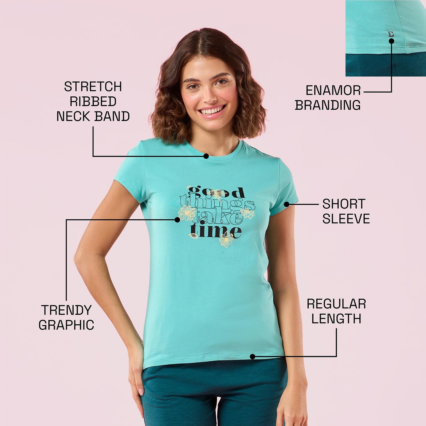 Enamor Womens Graphic Slim Fit T-Shirt (E147_Poolblue Good Things