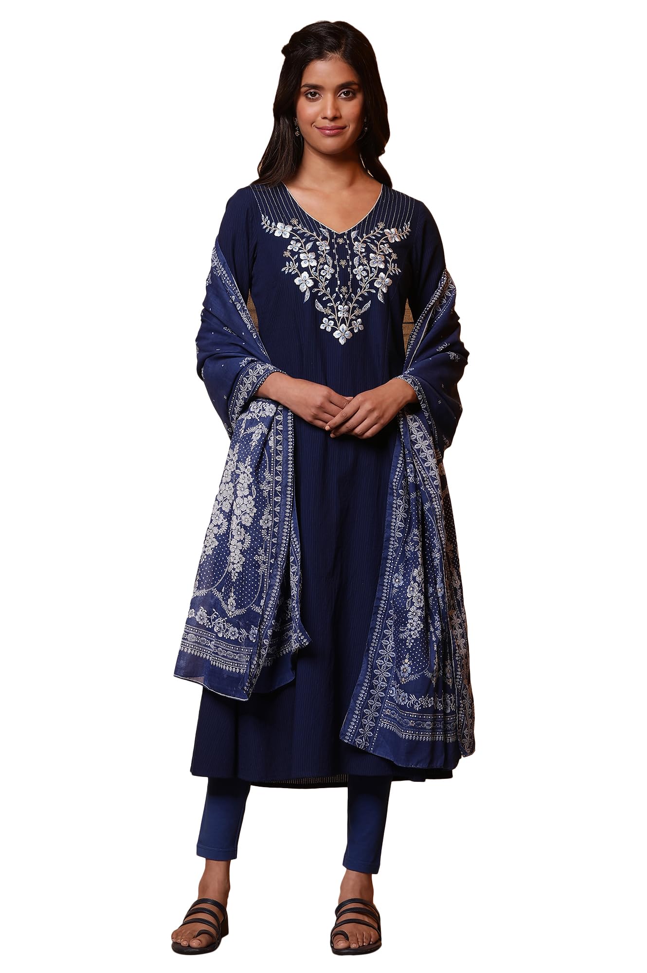 Aurelia Blue Foil Floral Printed Cotton Dupatta (Size: Freesize)-24Fea80002-508213
