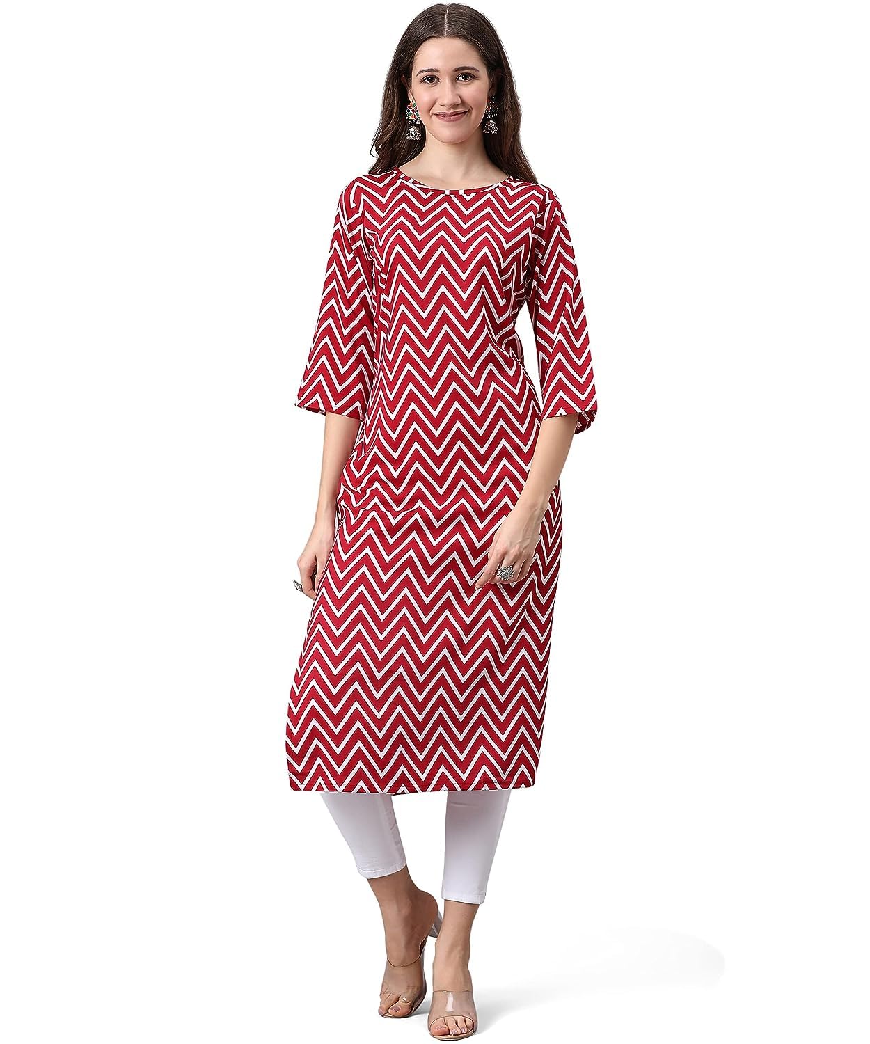 LookMark Women's Crepe Pista & Red Color 3/4 Sleeve Straight Printed Kurta | Kurti Combo Pack of 2 (AZ-K1055-K1019-M)