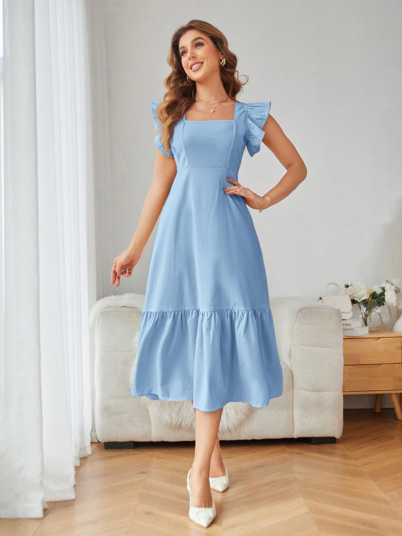 Shasmi GirlS & WomenS Solid Baby Blue Color Square Neck, Ruffle-Trimmed Hem Sleeveless, Ruffle Armhole And Casual Dress With C