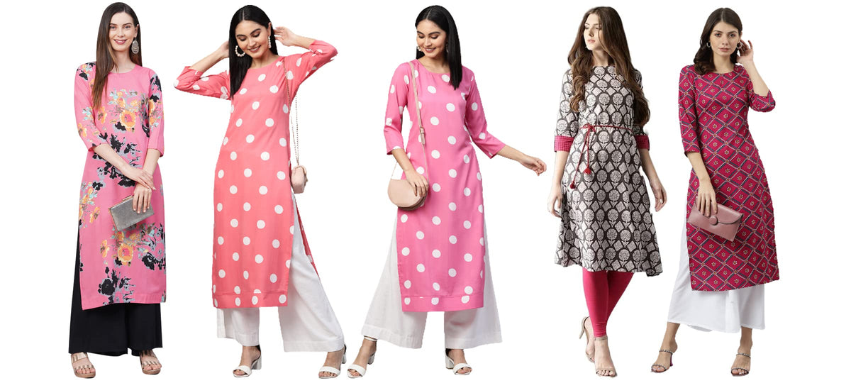 ANNI DESIGNER Womens Crepe Straight Printed Kurta Pack of 5 (Crepe-Combo-NW_002)