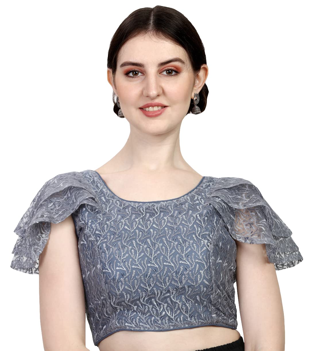 Pujia Mills Womens Shipali Net Work Ruffle Sleeves Readymade Saree Blouse