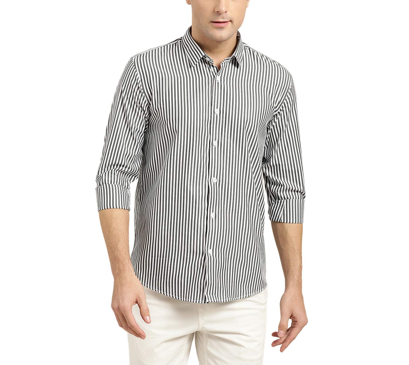 SOJANYA (Since 1958, Men's Cotton Black & White Striped Casual Shirt, Size: 36