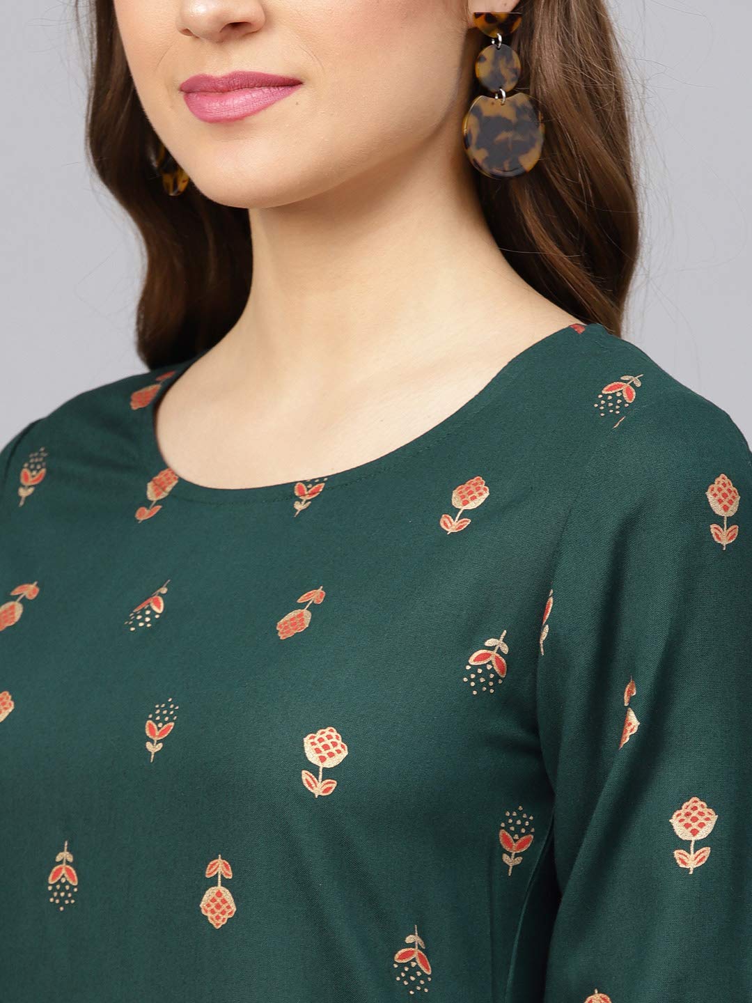 idaLia Dark Green Gold Print Kurta with Pants