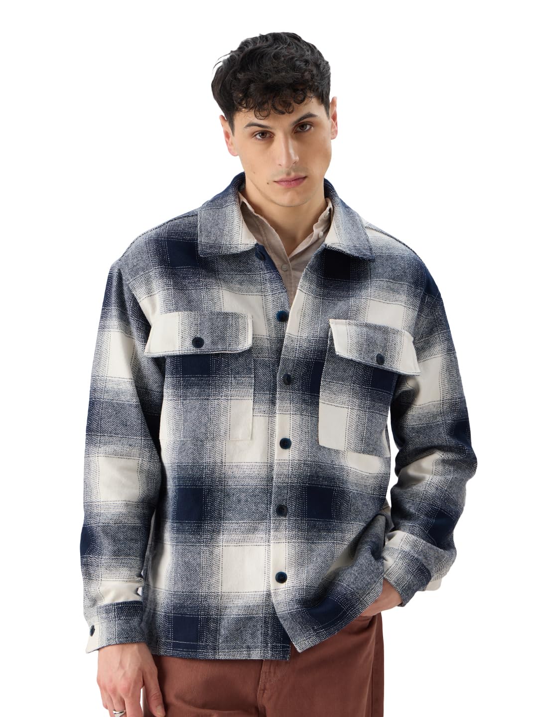 The Souled Store Plaid Originals: Arctic Men and Boys Long Sleeve Collared Neck Button Front Cotton Oversized Fit Flannel Shacke