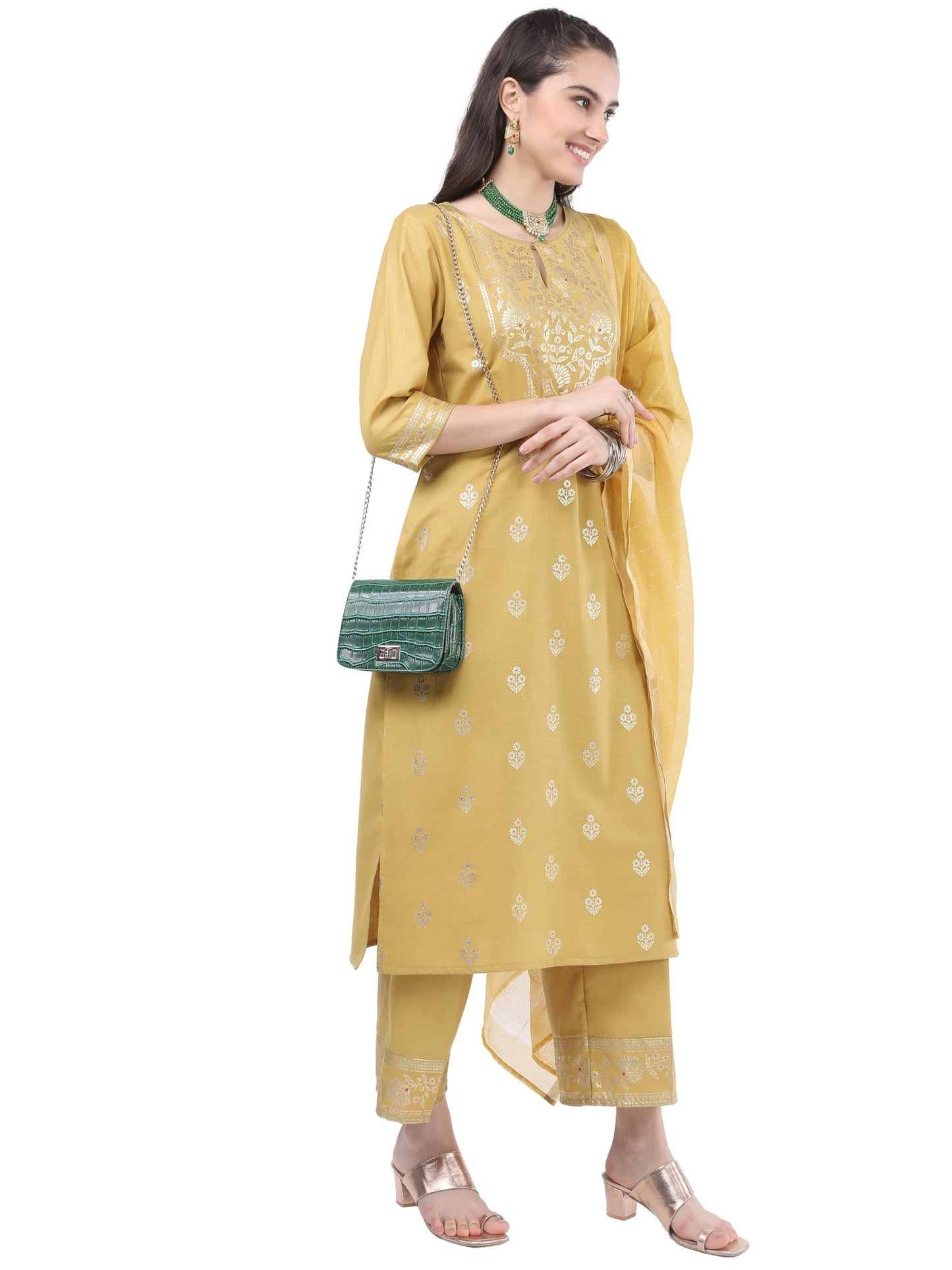 Ketch Women'S Polyester Floral Kurta Set (Khk3000107_Yellow, Medium