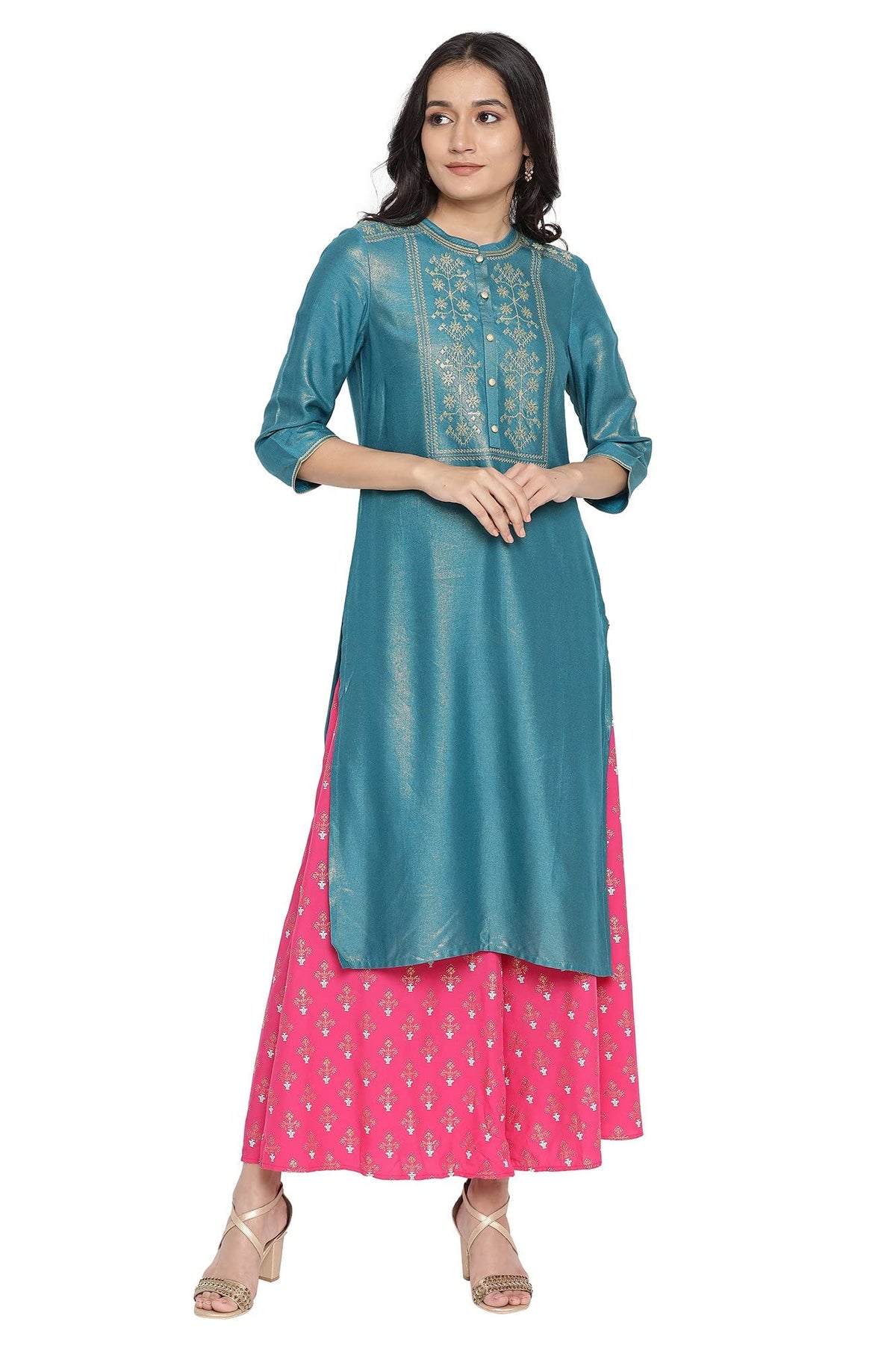 Aurelia WomenS Viscose Teal Ornamental Mandarin Collar Straight Kurta_21Aua12508-504379_M