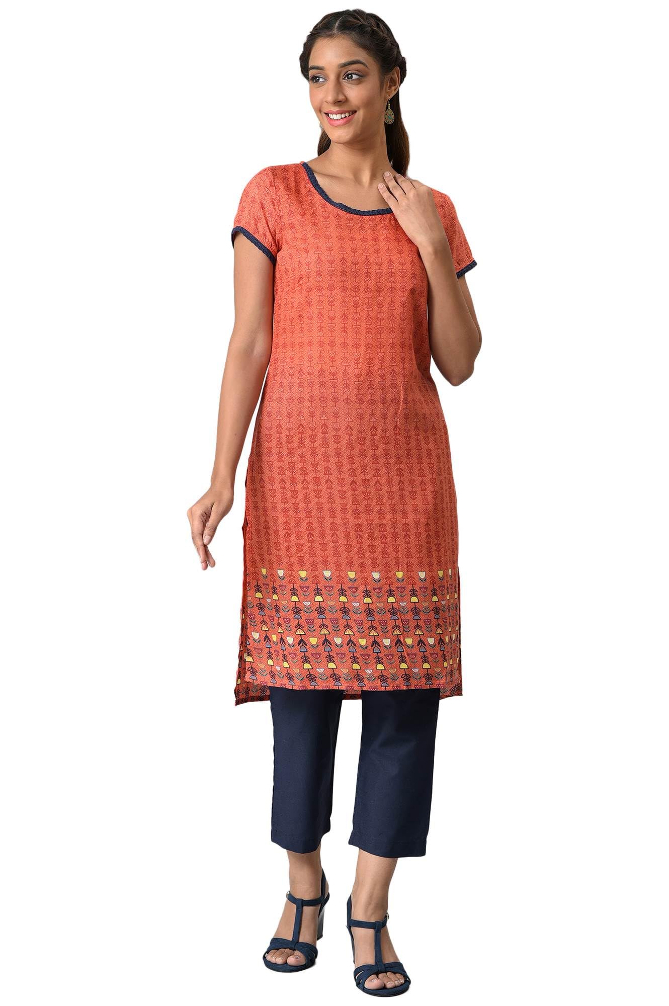 Orange Floral Printed High-Low Kurta With Blue Trousers