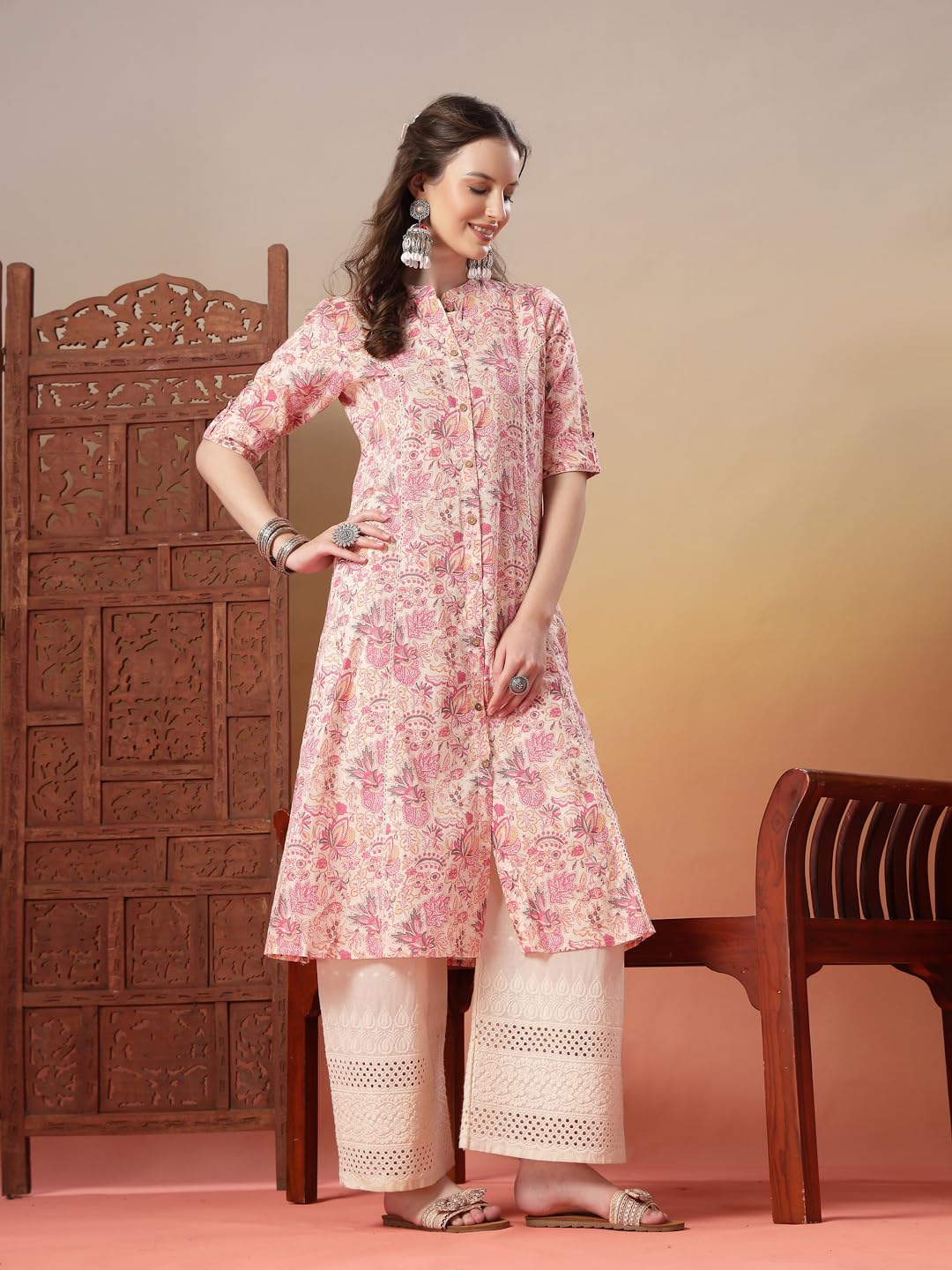 Stylum Womens Pink Floral Printed Rayon A-Line Kurta