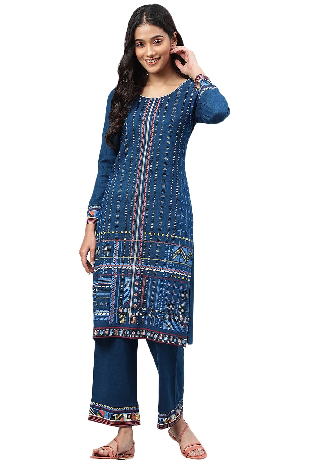 Blue Printed Winter Kurta With Straight Palazzos