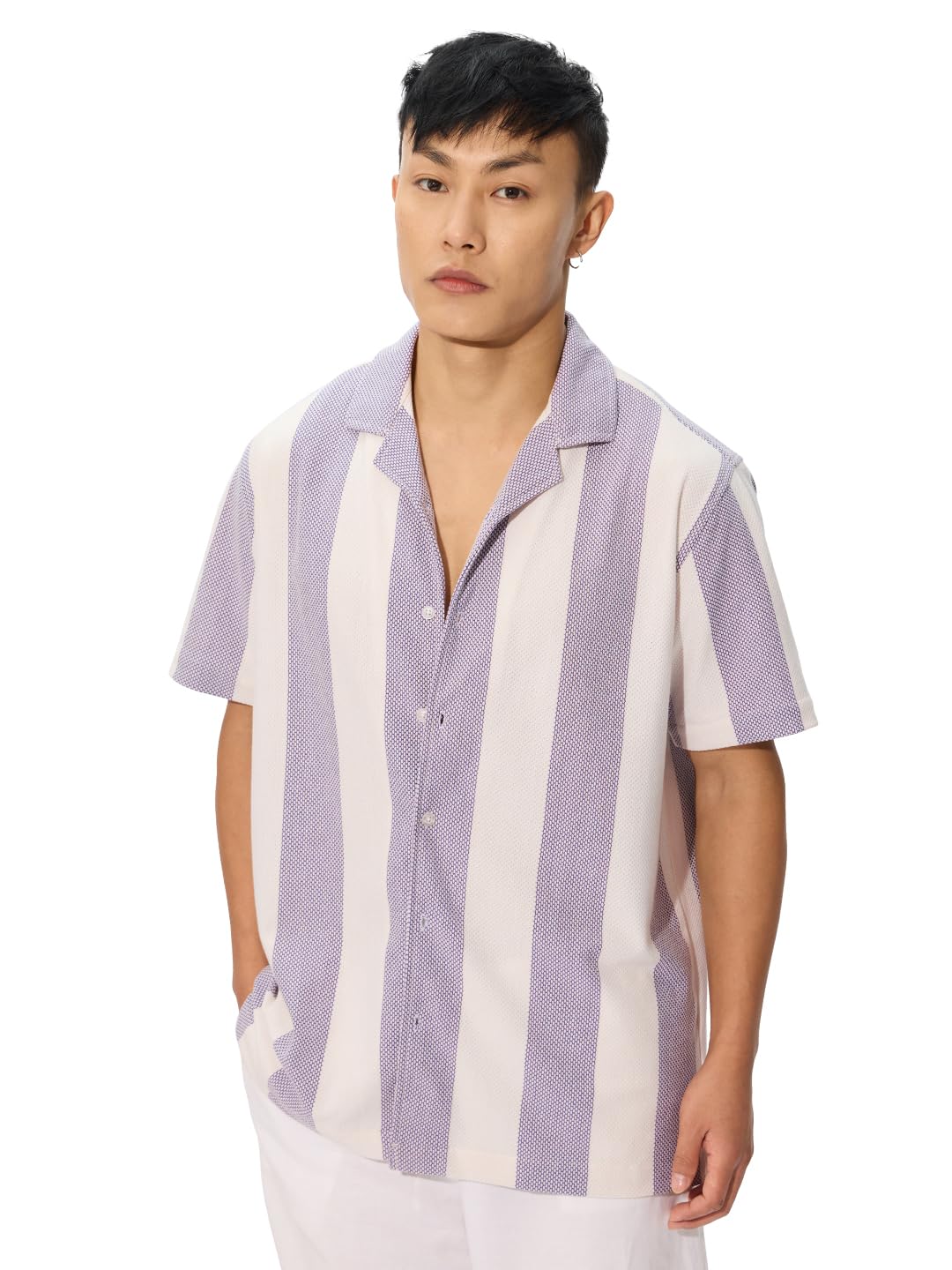 The Souled Store Popcorn Stripes: Lavender Frost Men and Boys Long Sleeve Collared Neck Button Down Cotton Textured Shirts for M