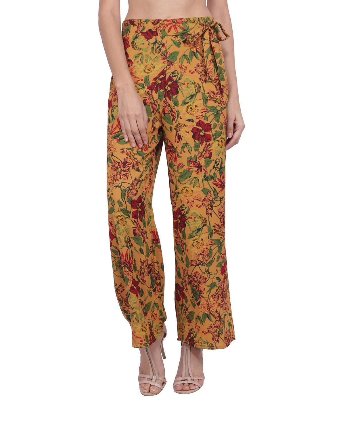 Popwings Casual Mustard Floral Printed Regular Fit Palazzo For Women Palazzos For Women