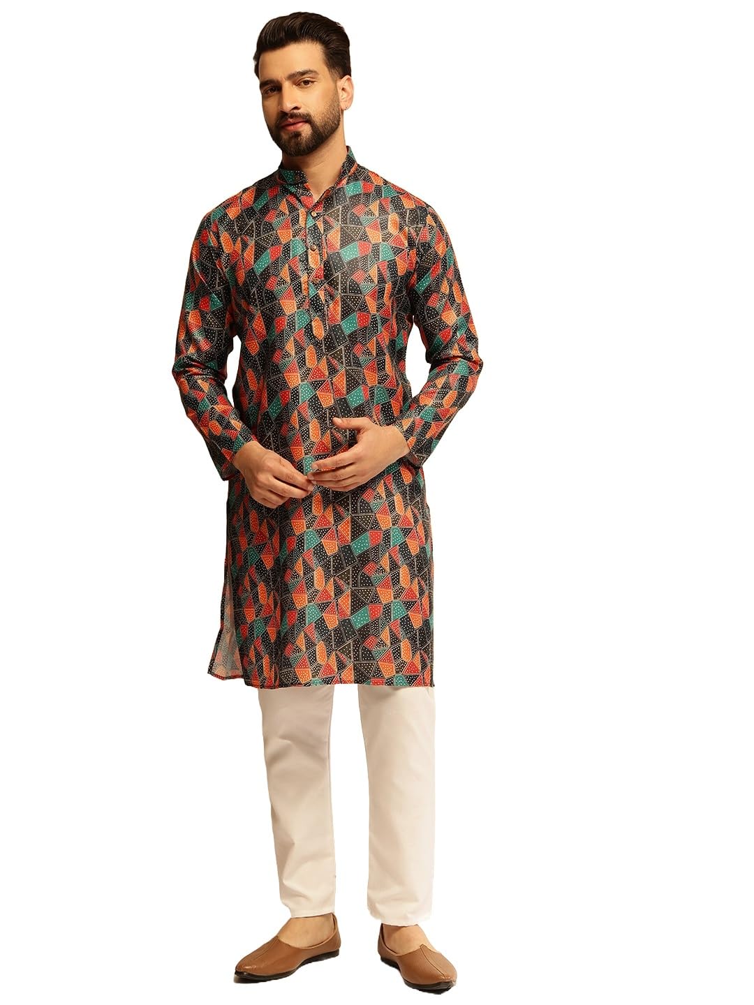 SOJANYA (Since 1958 Men's Cotton Linen Abstract Print Multicolor Kurta With White Pyjama