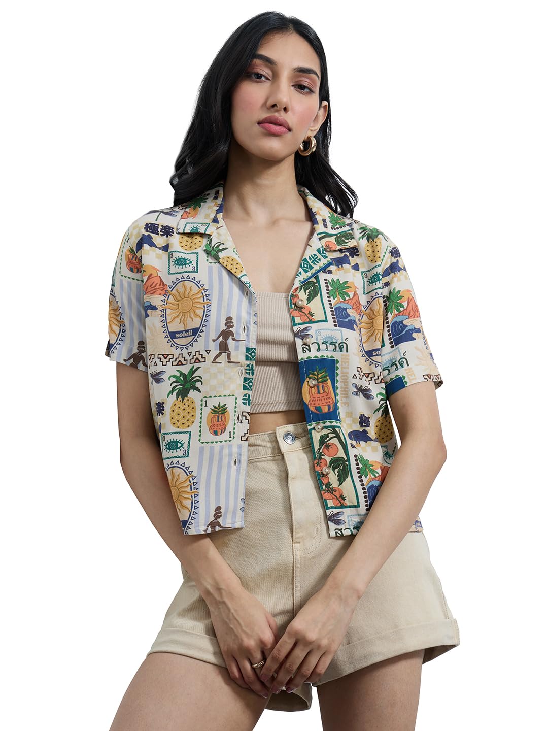 The Souled Store Originals: Tropical Mood Women and Girls Short Sleeves Collared Neck All Over Printed Cotton Regular Fit Casual