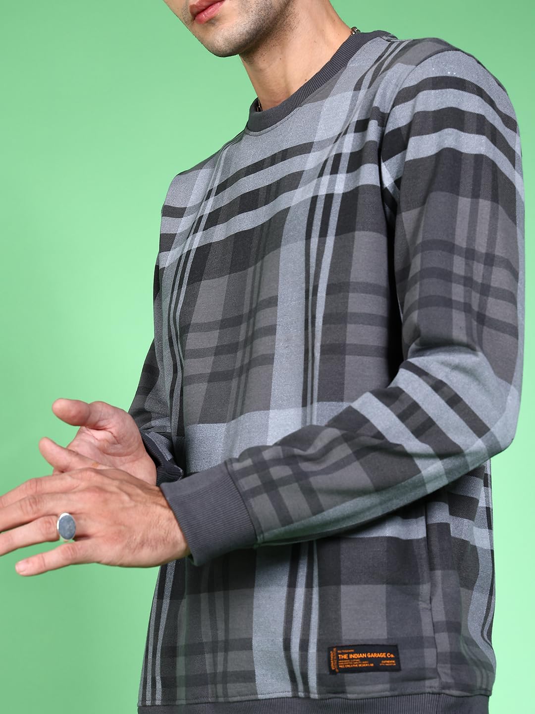 The Indian Garage Co Black Regular Fit Checkered Long Sleeve Pull On Sweatshirt