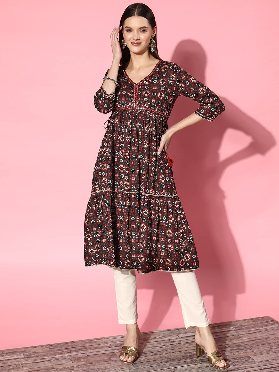 ishin Women's Viscose Rayon Black Ethnic Motifs Anarkali Flared Kurta