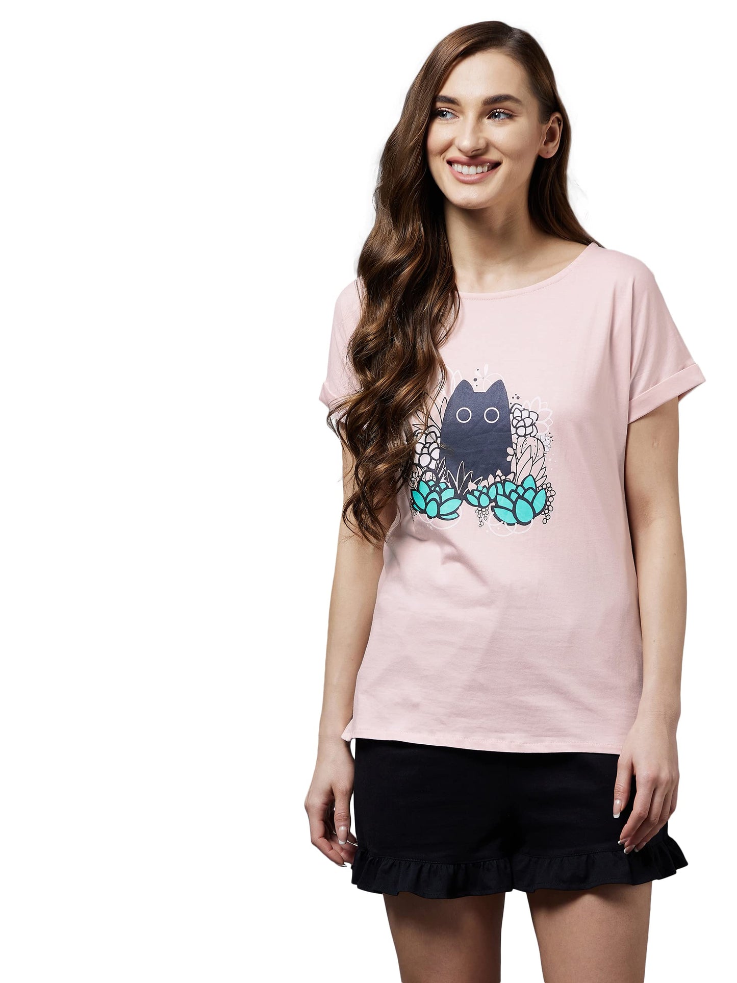 Miss Chase WomenS Blush Pink Round Neck Short Sleeves Printed Long T-Shirt (Mcaw21Nw07-25-199-05, Blush Pink, L)