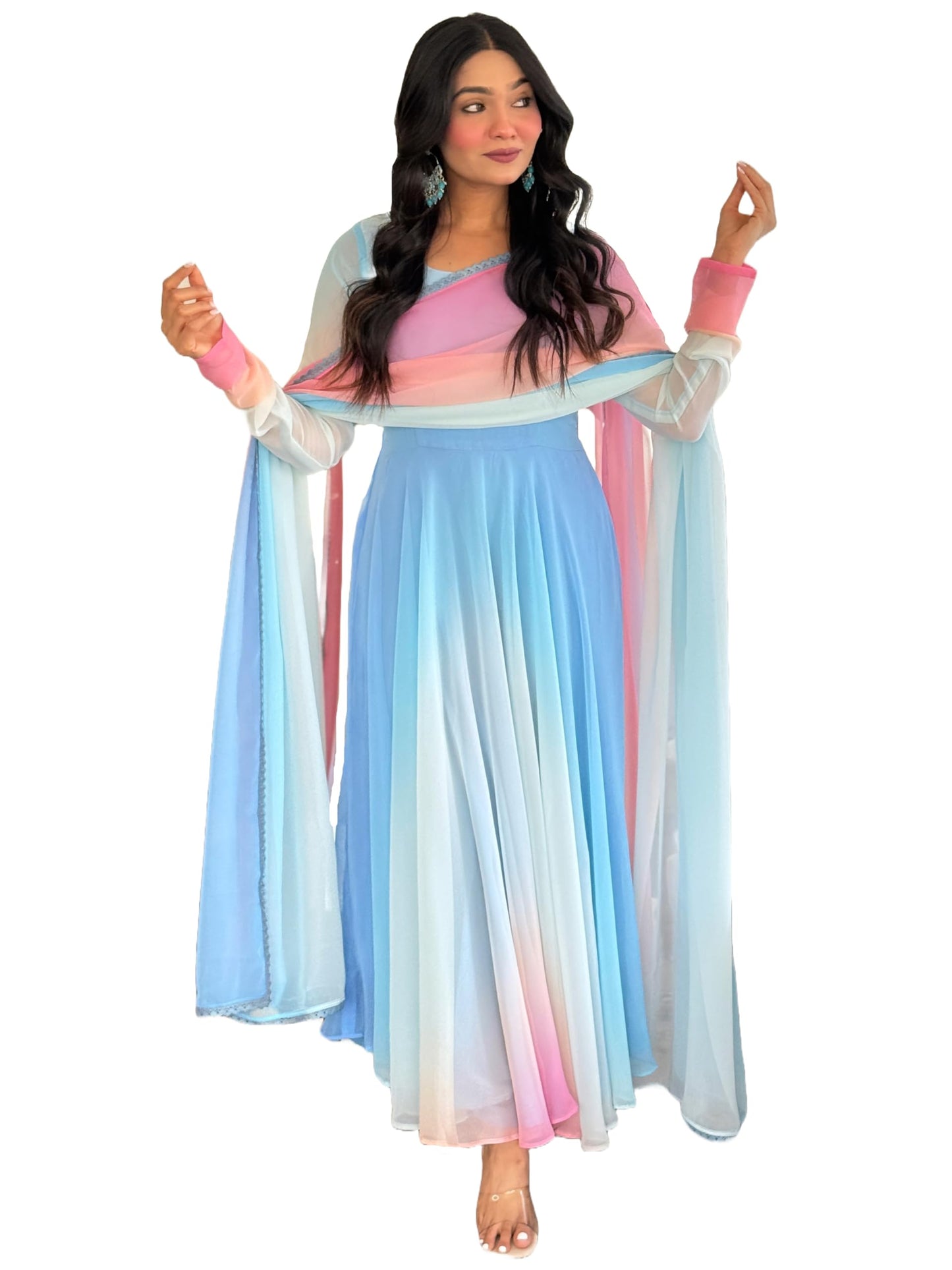 GoSriKi Women's Georgette Anarkali Solid Kurta with Pant & Dupatta