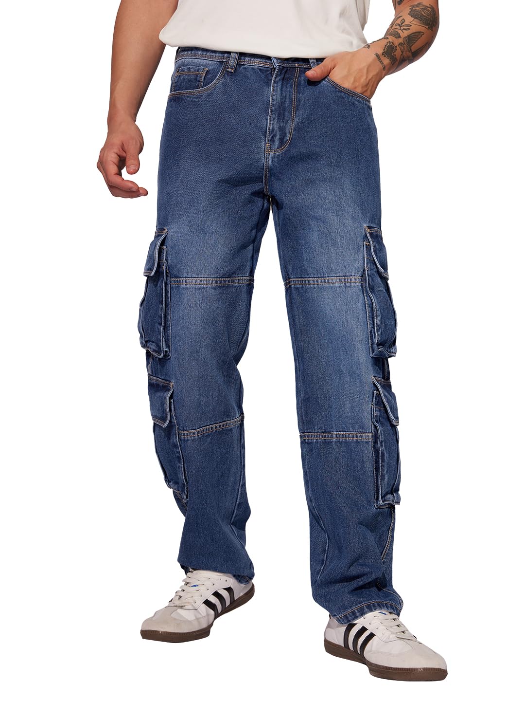 The Souled Store Denim: Washed Blue Men and Boys Buttoned Baggy Fit Cargo Jeans