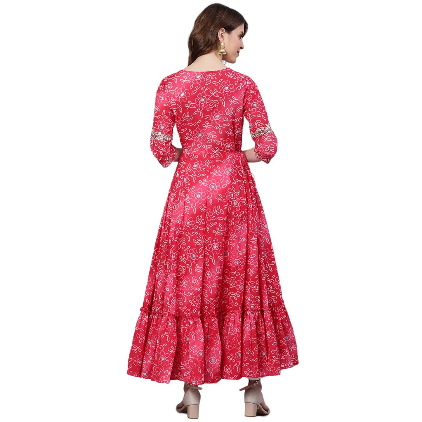 ishin Women's Cotton Anarkali Embroidered Zari Bandhani Print Pink Kurti