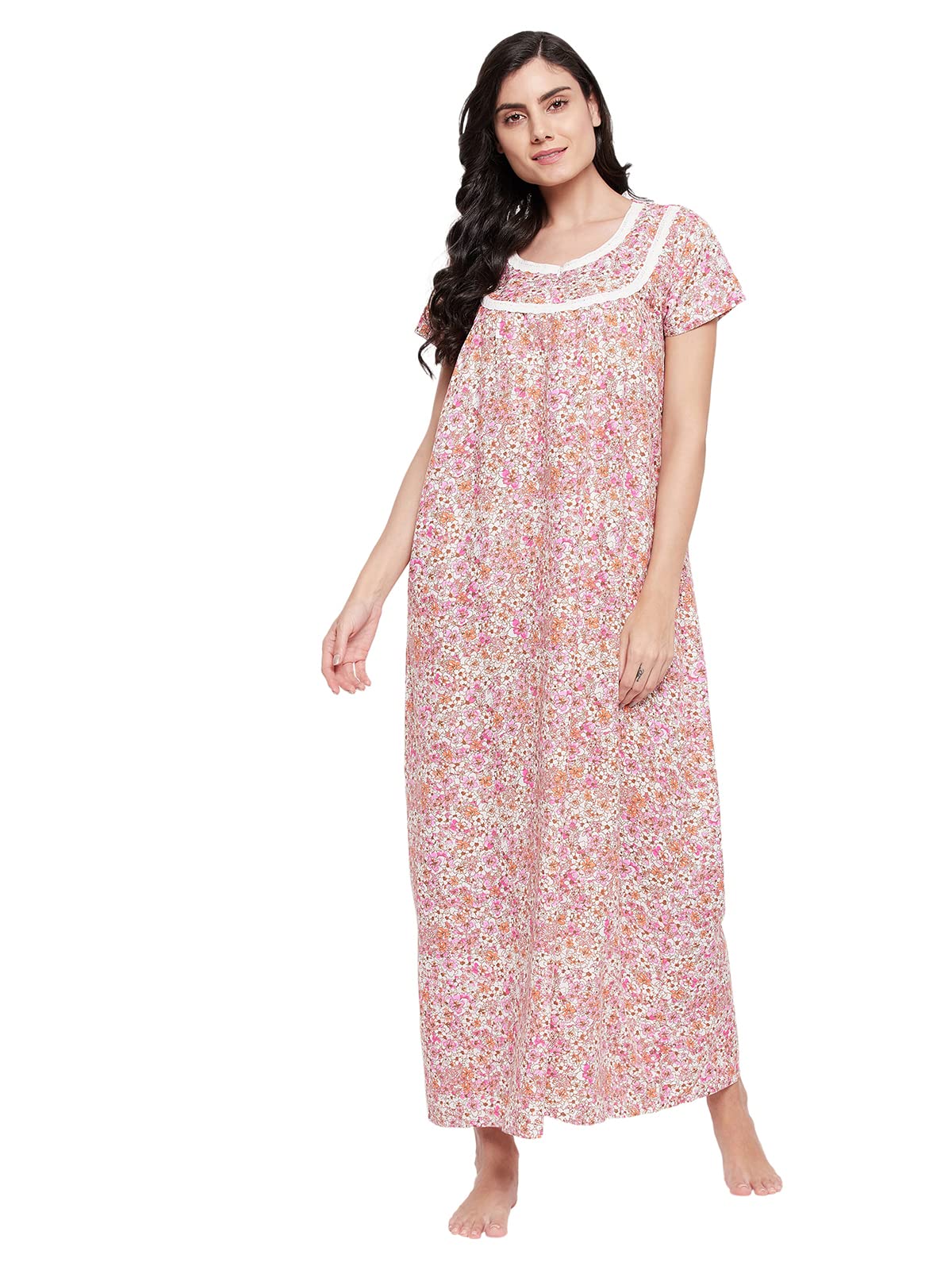 Clovia Womens Rayon Pretty Florals Long Night Dress (NS1367P22_Pink_XL)