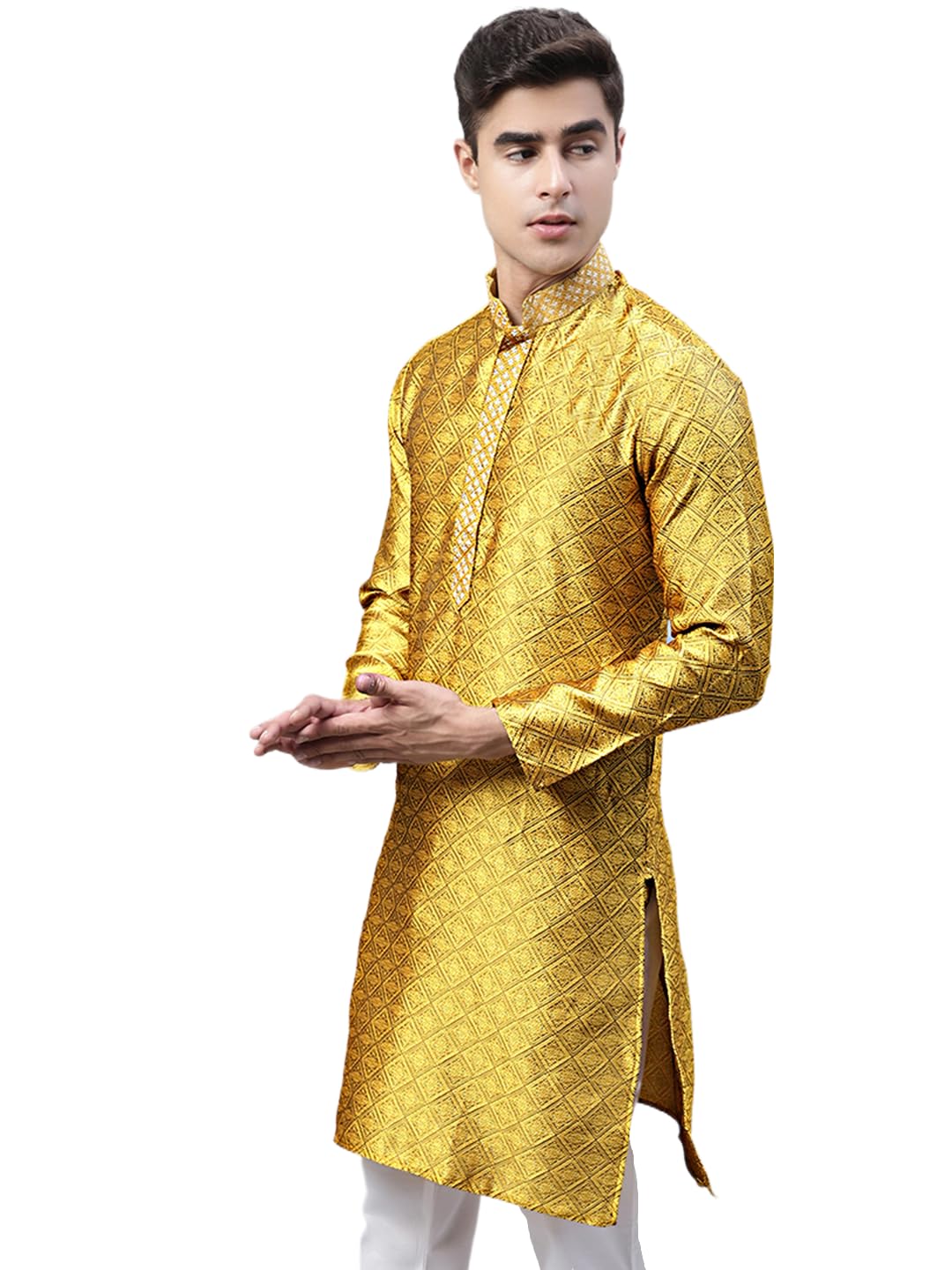 Jompers Mens Collar Embroidered Silk Jacquard Kurta