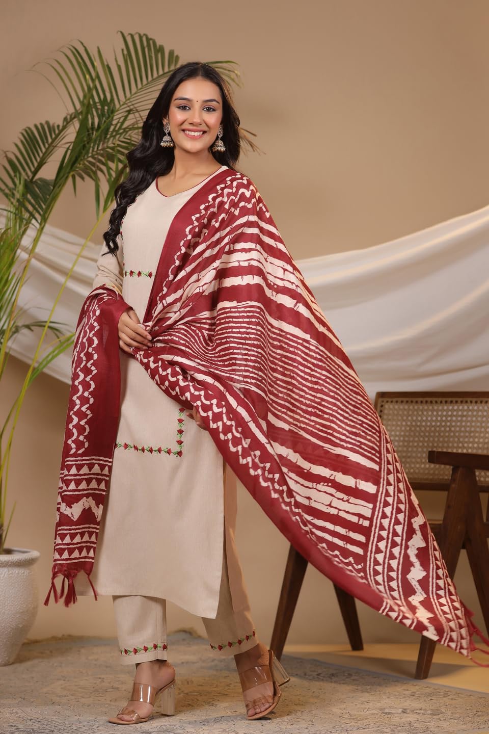 Gosriki WomenS Cotton Blend Straight Embroidered Kurta With Pant & Dupatta (Dd Beige-Gs_5Xl_Beige_Xxxxx-Large)